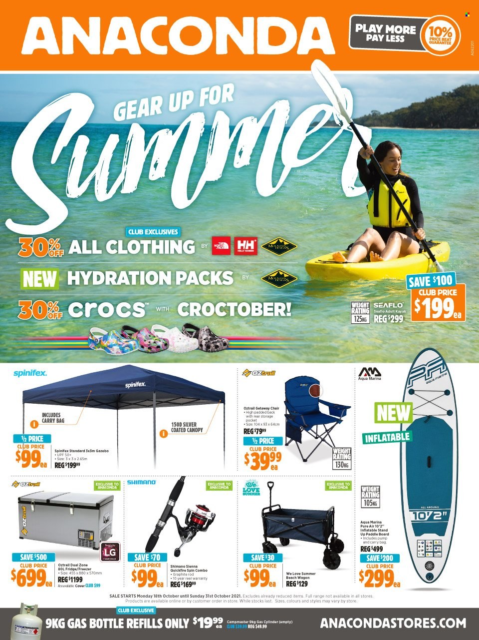 thumbnail - Anaconda Catalogue - 18 Oct 2021 - 31 Oct 2021 - Sales products - LG, freezer, refrigerator, fridge, chair, Shimano, pump, kayak, paddleboard, reel, fishing rod, gas bottle, Campmaster, gazebo. Page 1.