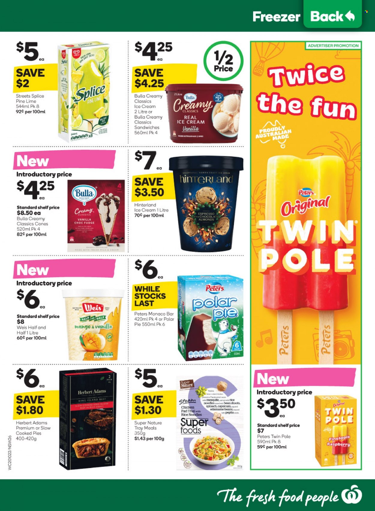 thumbnail - Woolworths Catalogue - 20 Oct 2021 - 26 Oct 2021 - Sales products - pie, Edamame, spinach, capsicum, pineapple, noodles, ice cream, fudge, rice vermicelli, almonds, tray. Page 26.