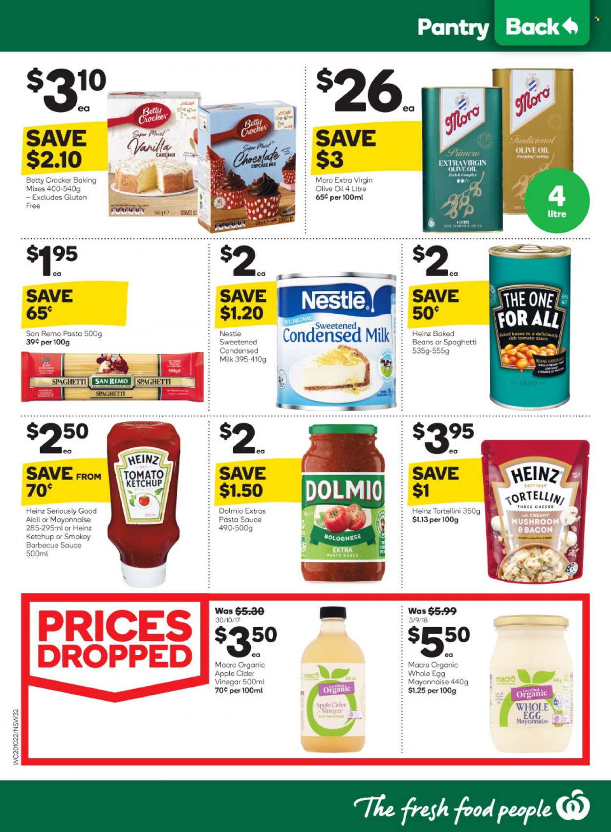 thumbnail - Woolworths Catalogue - 20 Oct 2021 - 26 Oct 2021 - Sales products - cake mix, cupcake mix, pasta sauce, sauce, tortellini, bacon, cheese, milk, condensed milk, eggs, mayonnaise, Nestlé, Heinz, baked beans, BBQ sauce, ketchup, apple cider vinegar, extra virgin olive oil, vinegar, olive oil, oil, bra. Page 32.