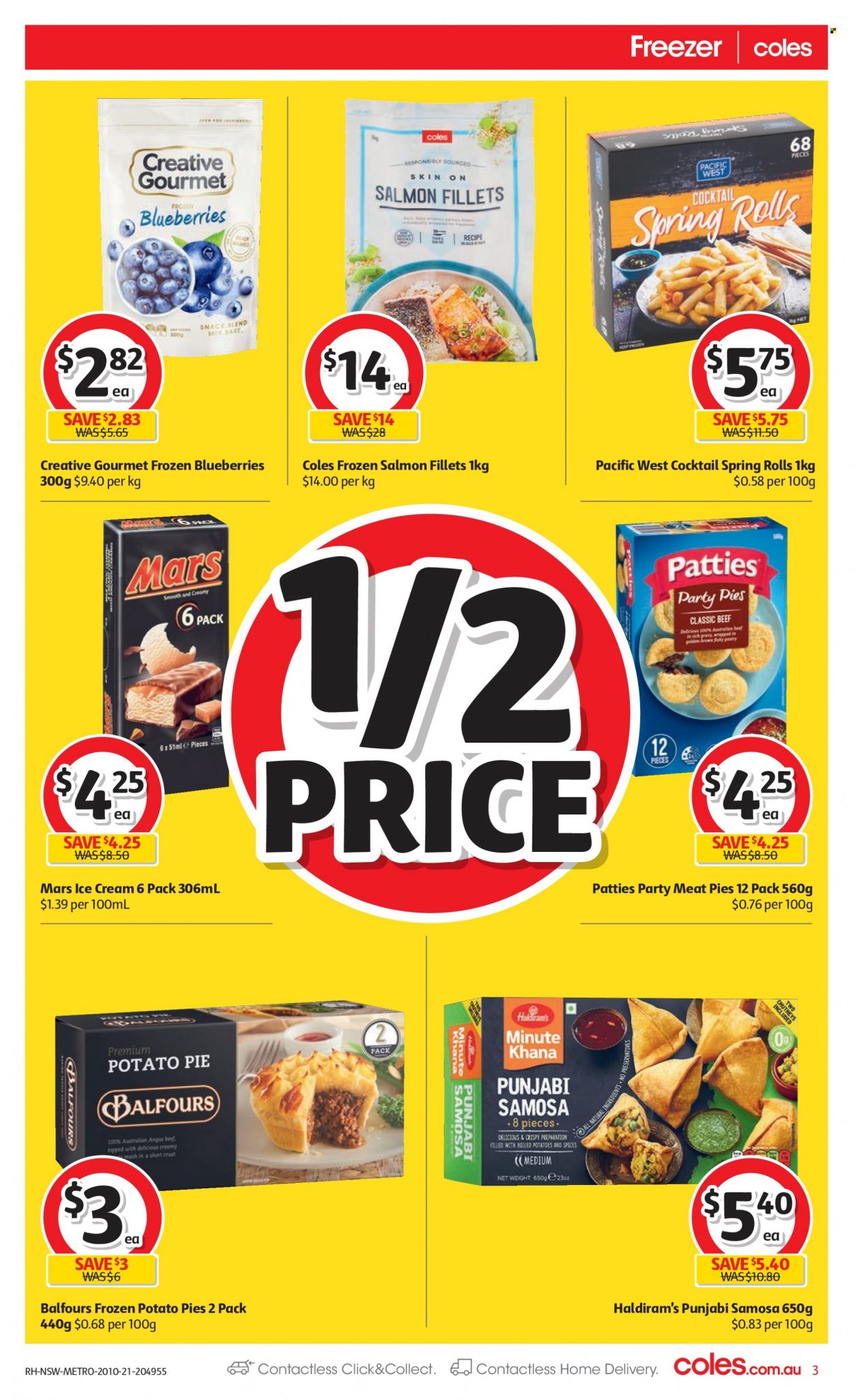 thumbnail - Coles Catalogue - 20 Oct 2021 - 26 Oct 2021 - Sales products - blueberries, salmon, salmon fillet, spring rolls, ice cream, snack, Mars. Page 3.