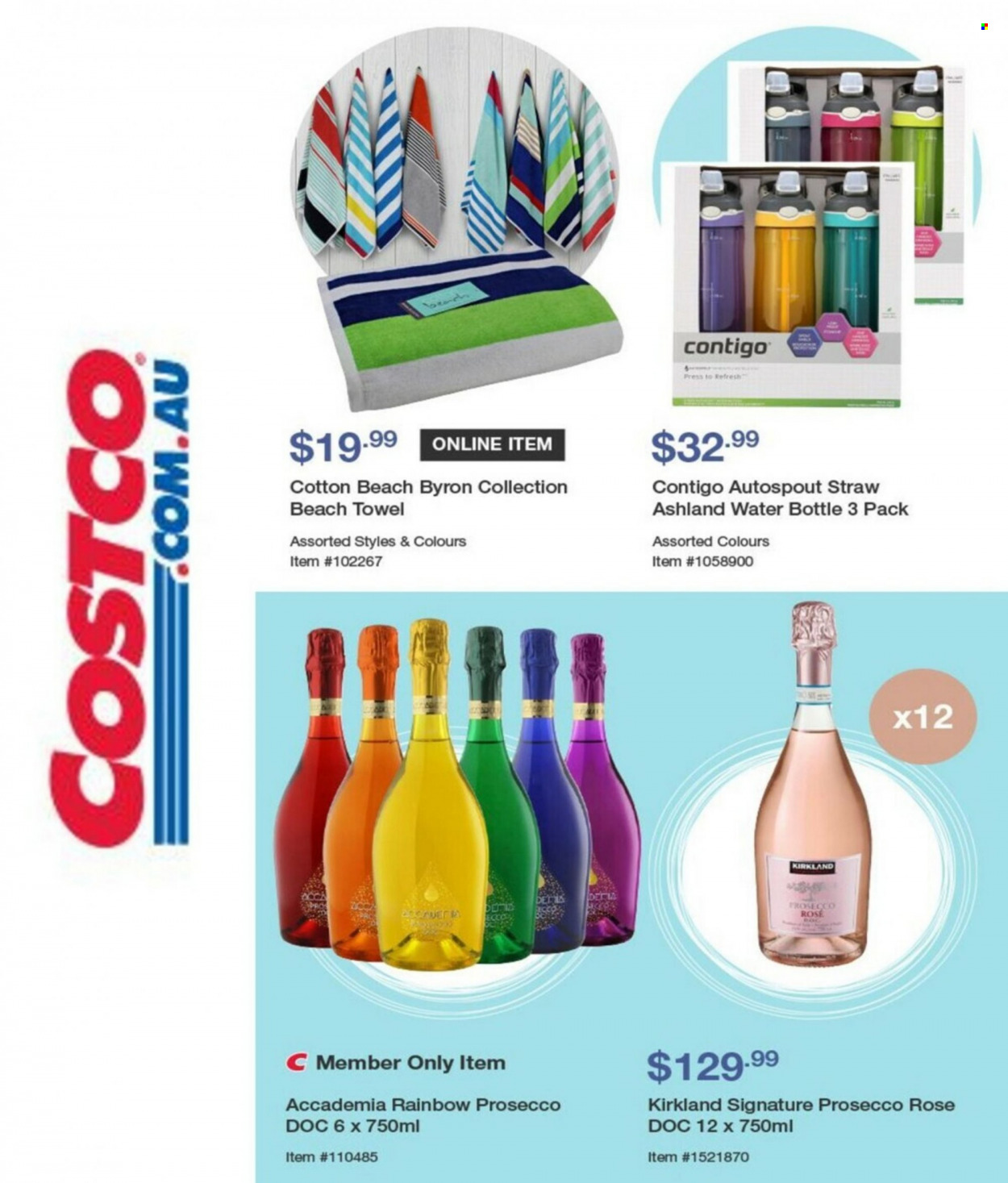 thumbnail - Costco Catalogue - Sales products - prosecco, wine, rosé wine, drink bottle, straw, Contigo, towel, beach towel, bench. Page 3.