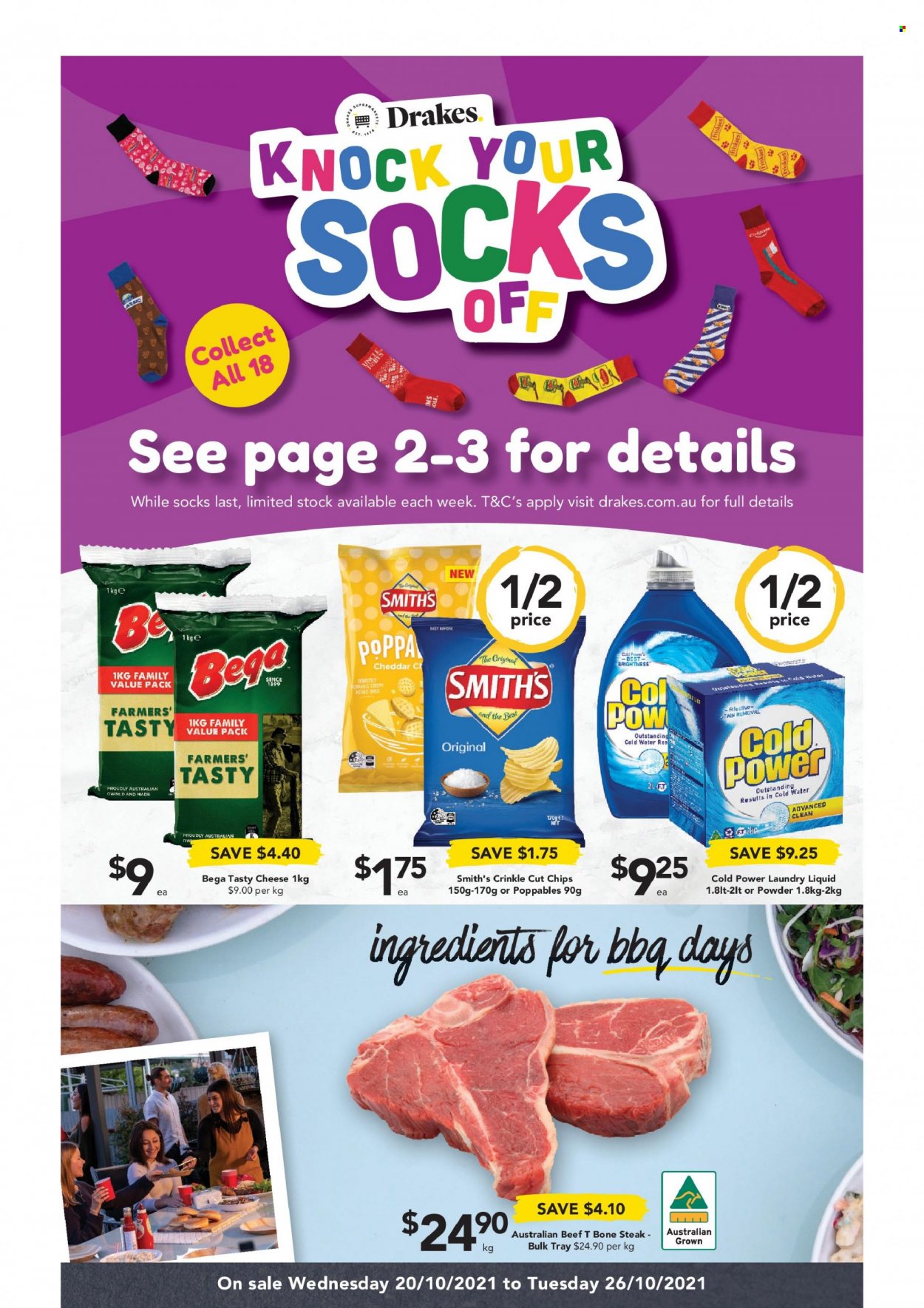 thumbnail - Drakes Catalogue - 20 Oct 2021 - 26 Oct 2021 - Sales products - cheese, Smith's, beef meat, t-bone steak, steak, laundry detergent. Page 1.