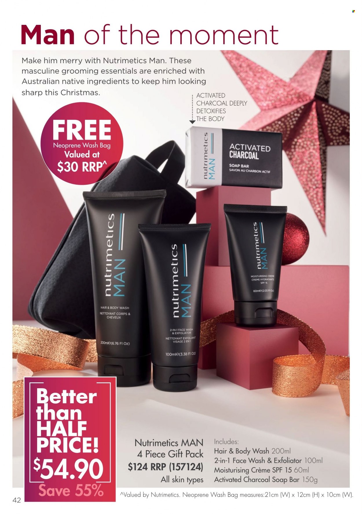 thumbnail - Nutrimetics Catalogue - 16 Oct 2021 - 31 Dec 2021 - Sales products - body wash, hair & body wash, face gel, soap bar, soap, bag, activated charcoal. Page 46.