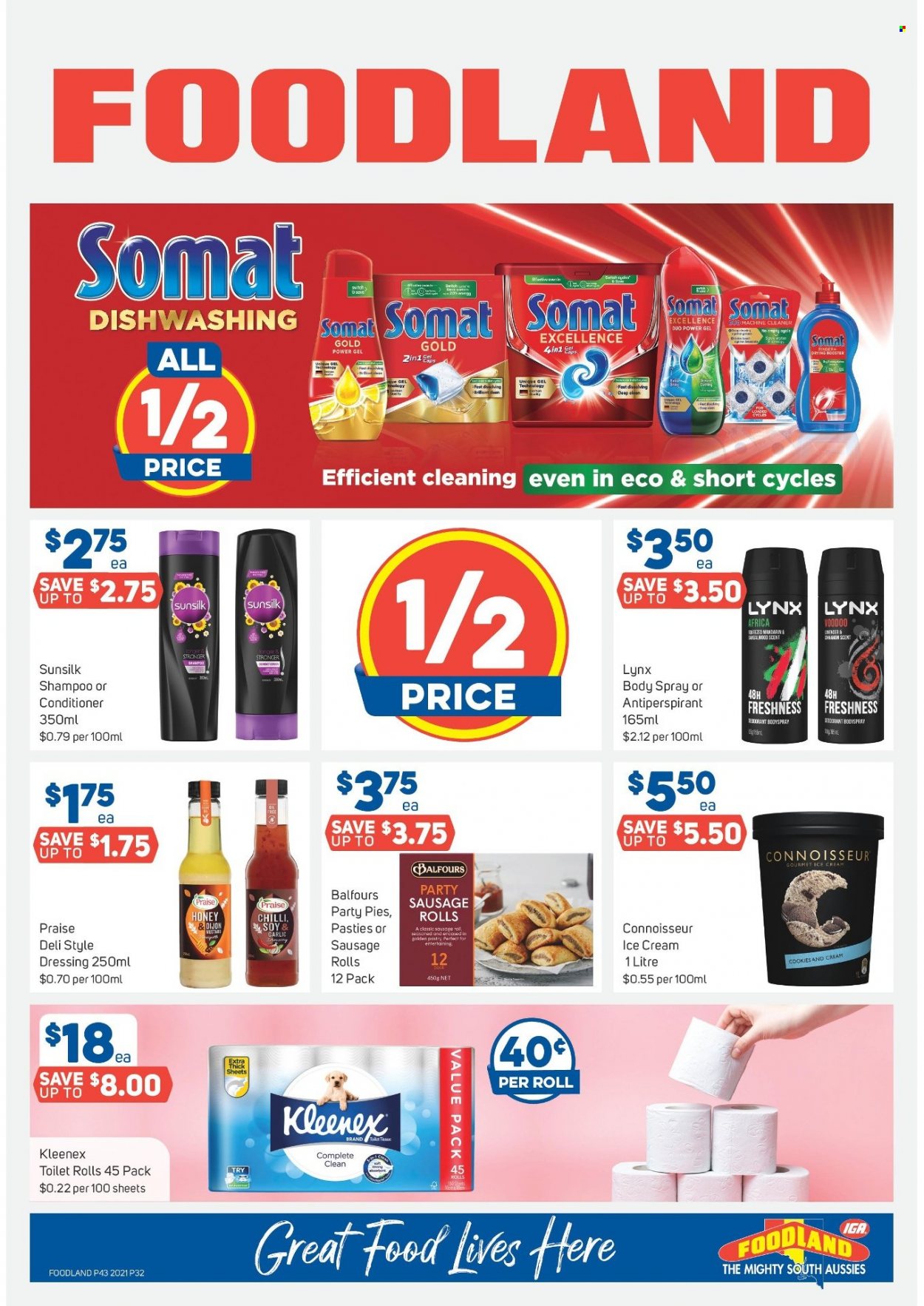 thumbnail - Foodland Catalogue - 20 Oct 2021 - 26 Oct 2021 - Sales products - sausage rolls, mandarines, sausage, ice cream, cookies, dressing, honey, Kleenex, toilet paper, cleaner, shampoo, Sunsilk, conditioner, body spray, anti-perspirant. Page 32.