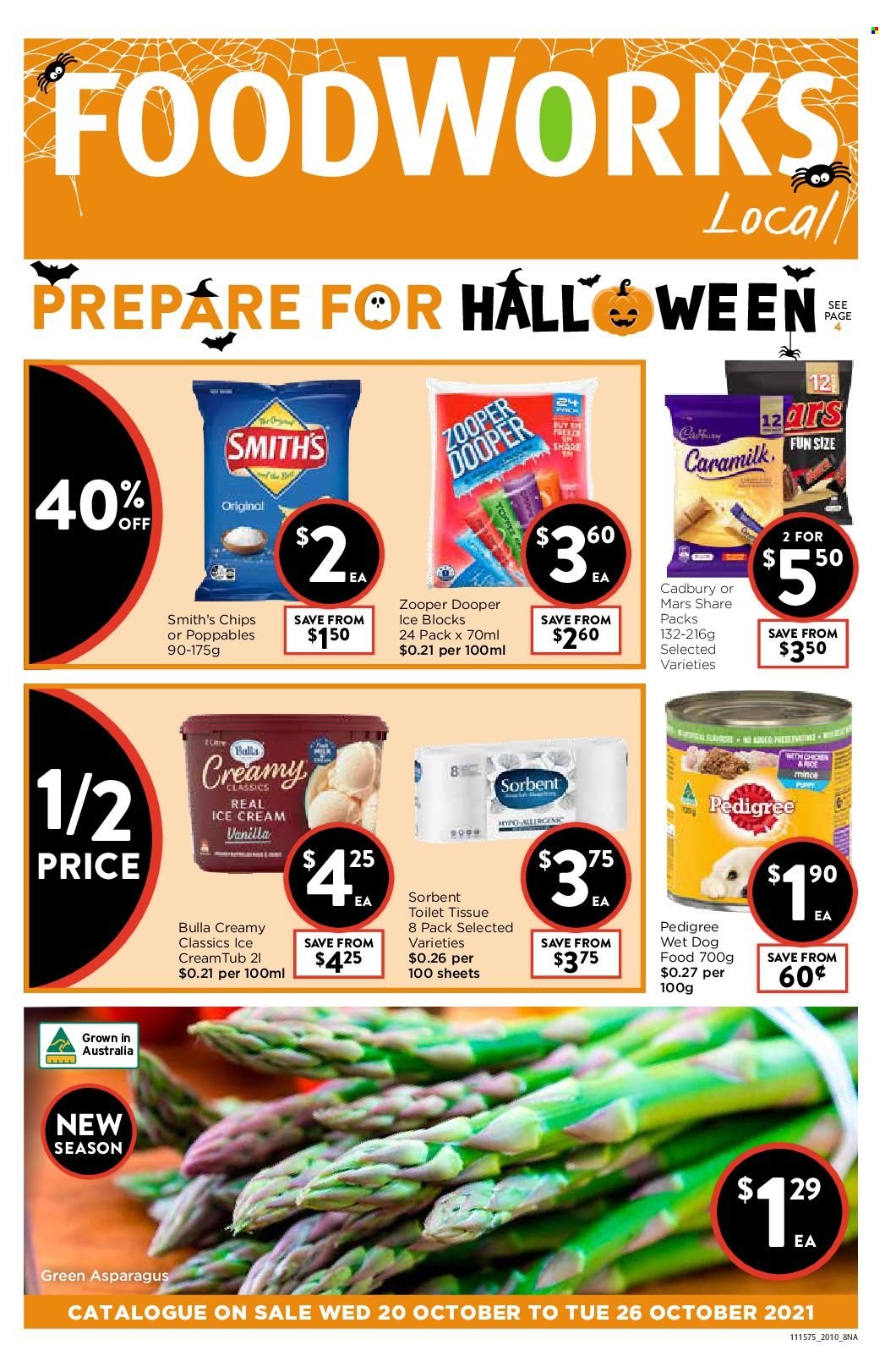 thumbnail - Foodworks Catalogue - 20 Oct 2021 - 26 Oct 2021 - Sales products - asparagus, ice cream, Mars, Zooper Dooper, Cadbury, chips, Smith's, toilet paper, animal food, dog food, wet dog food, Pedigree. Page 1.