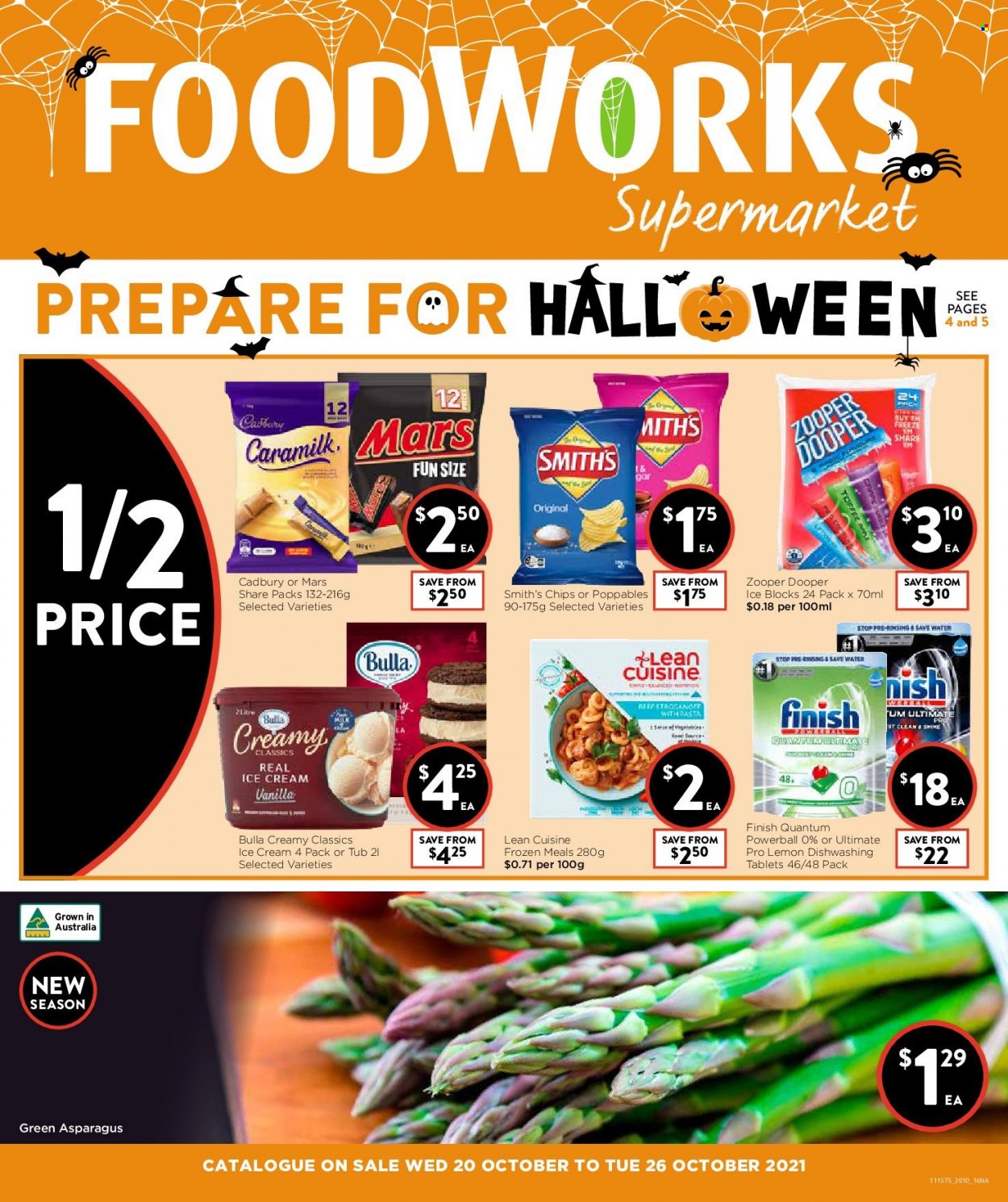 thumbnail - Foodworks Catalogue - 20 Oct 2021 - 26 Oct 2021 - Sales products - asparagus, Lean Cuisine, ice cream, Mars, Zooper Dooper, Cadbury, Smith's, Finish Powerball, Finish Quantum Ultimate. Page 1.