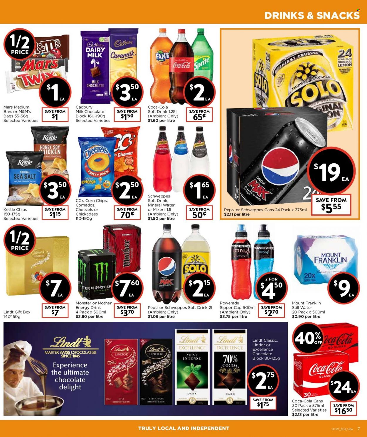 thumbnail - Foodworks Catalogue - 20 Oct 2021 - 26 Oct 2021 - Sales products - cheese, milk chocolate, chocolate, Lindt, Lindor, Mars, M&M's, Cadbury, Dairy Milk, chips, corn chips, honey, Coca-Cola, Schweppes, Sprite, Powerade, Pepsi, energy drink, Monster, soft drink, mineral water, bottled water, TRULY, gift box. Page 7.