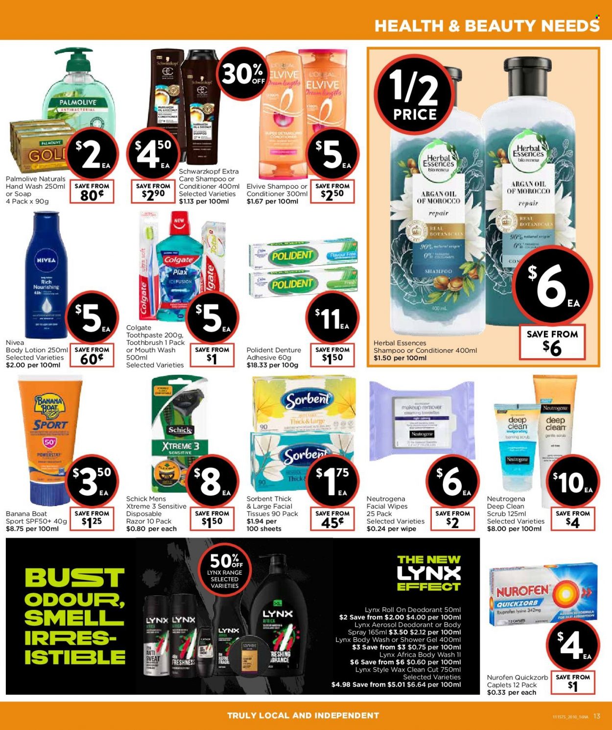 thumbnail - Foodworks Catalogue - 20 Oct 2021 - 26 Oct 2021 - Sales products - TRULY, wipes, Nivea, tissues, body wash, shampoo, shower gel, Schwarzkopf, hand wash, Palmolive, soap, Colgate, toothbrush, toothpaste, Plax, Polident, facial tissues, Neutrogena, conditioner, Herbal Essences, body lotion, body spray, anti-perspirant, roll-on, deodorant, Schick, disposable razor, argan oil, Nurofen. Page 13.