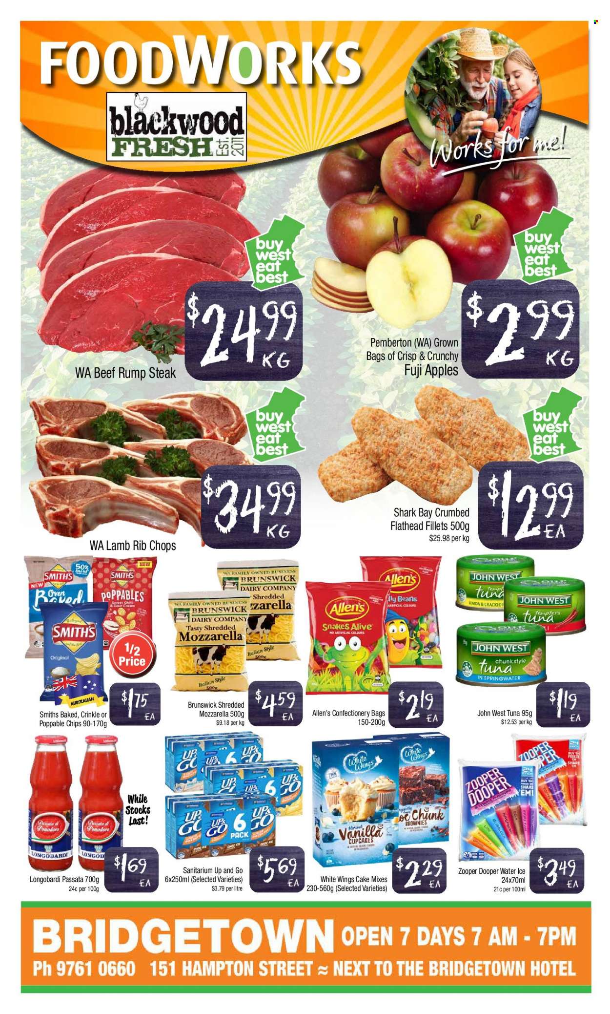 thumbnail - Foodworks Catalogue - 20 Oct 2021 - 26 Oct 2021 - Sales products - cake, cupcake, White Wings, beans, Fuji apple, apples, tuna, mozzarella, Zooper Dooper, chips, beef meat, steak, rump steak, rib chops. Page 1.