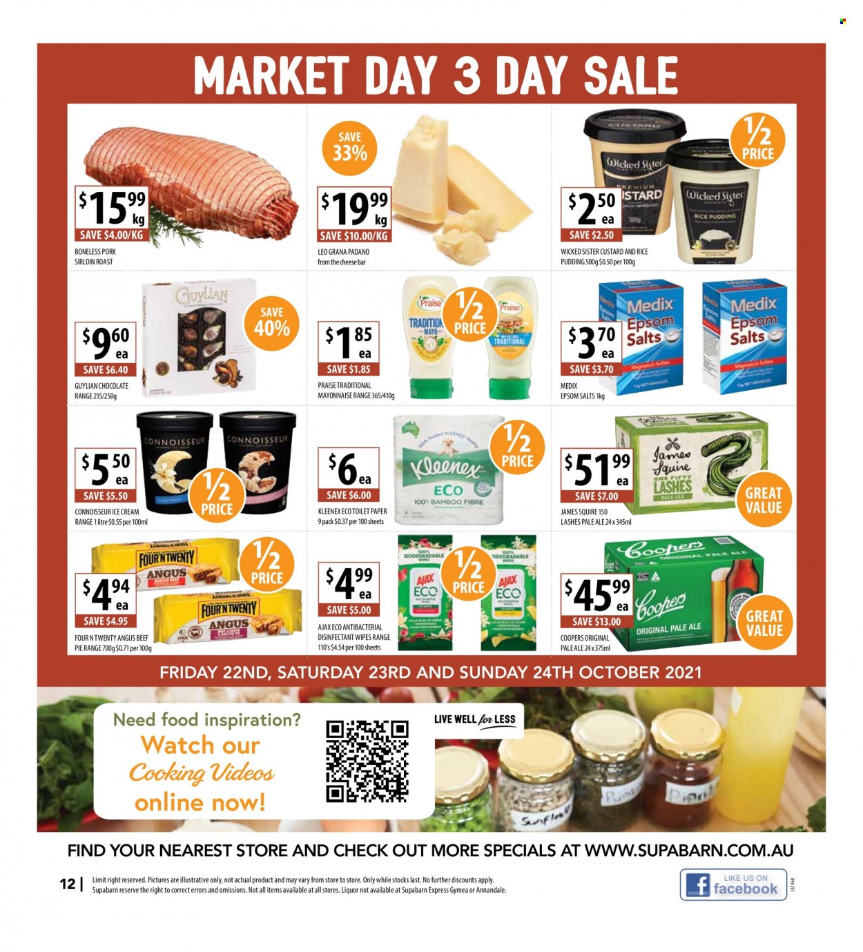 thumbnail - Supabarn Catalogue - 20 Oct 2021 - 26 Oct 2021 - Sales products - pie, cheese, Grana Padano, rice pudding, mayonnaise, ice cream, beef meat, pork loin, wipes, Kleenex, toilet paper, desinfection, Ajax Eco, Ajax. Page 12.