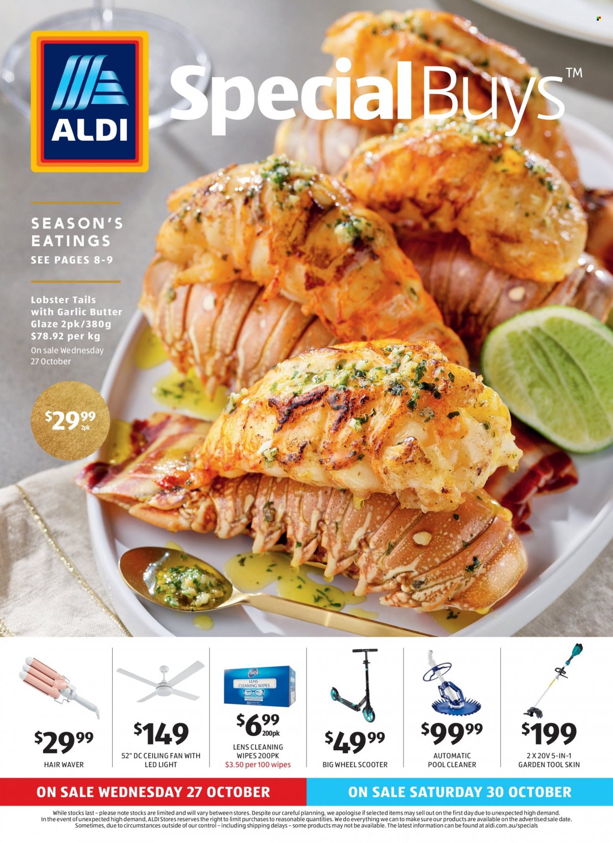 thumbnail - ALDI Catalogue - 27 Oct 2021 - 2 Nov 2021 - Sales products - lobster, lobster tail, cleansing wipes, wipes, cleaner, ceiling fan, gardening tools, pool, pool cleaner. Page 1.