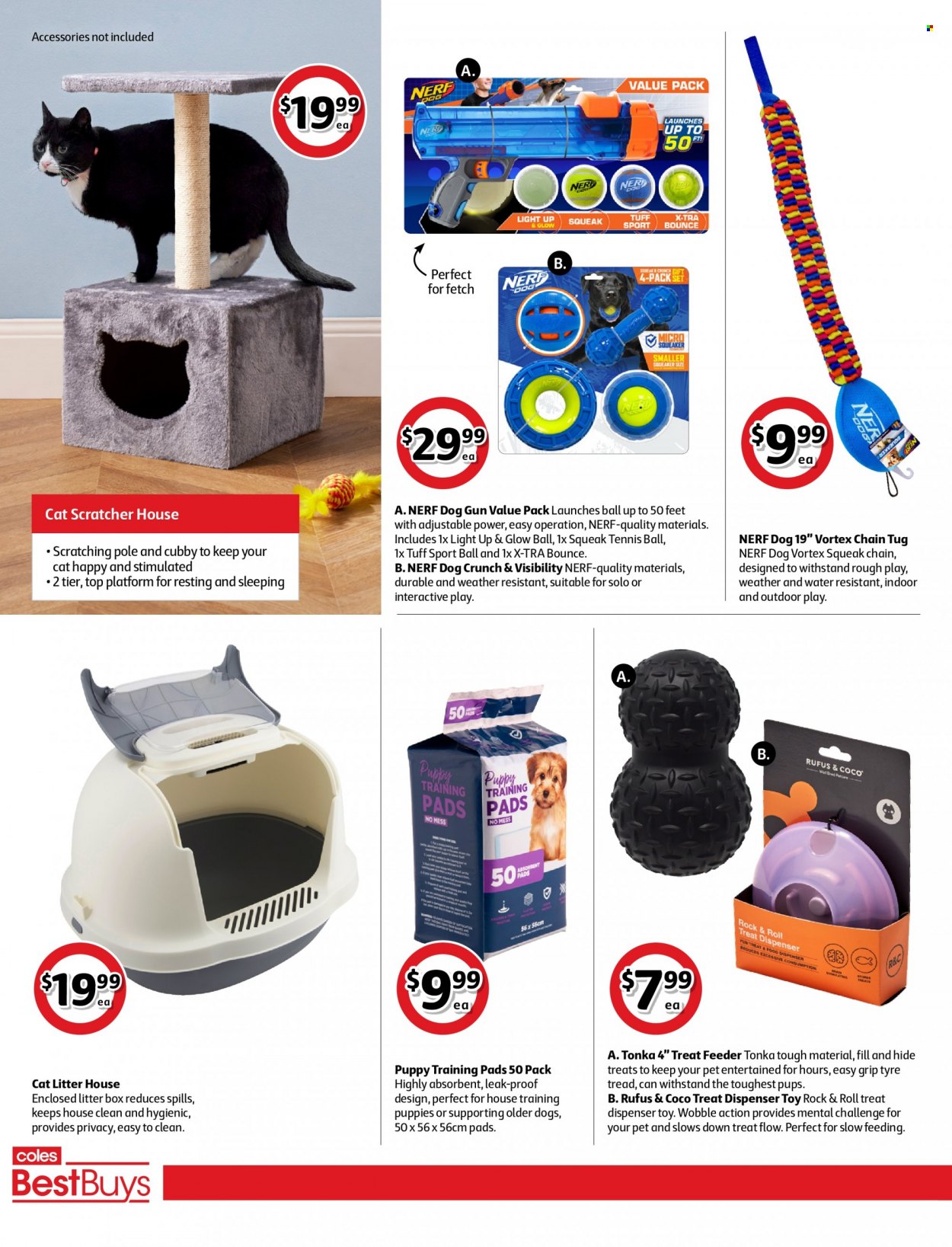 thumbnail - Coles Catalogue - 22 Oct 2021 - 28 Oct 2021 - Sales products - Bounce, dispenser, Nerf, training pet pads, cat scratcher, cat litter tray, training pads. Page 2.