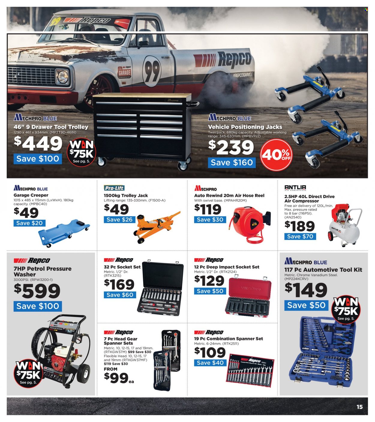thumbnail - Repco Catalogue - 20 Oct 2021 - 2 Nov 2021 - Sales products - trolley, wrench, socket set, spanner, tool set, wrench set, air compressor, pressure washer, air hose, Mechpro Blue, vehicle. Page 15.