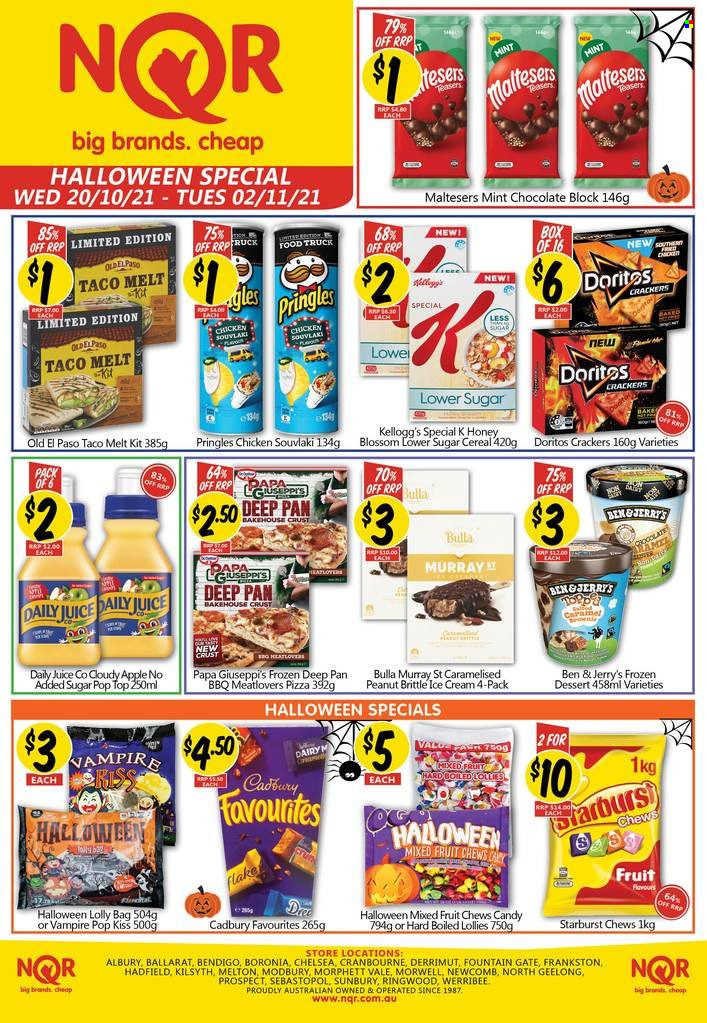 thumbnail - NQR Catalogue - 20 Oct 2021 - 2 Nov 2021 - Sales products - Old El Paso, pizza, Blossom, ice cream, Ben & Jerry's, crackers, chewing gum, lollipop, Kellogg's, Maltesers, Cadbury, Starburst, Doritos, Pringles, juice, pan. Page 1.