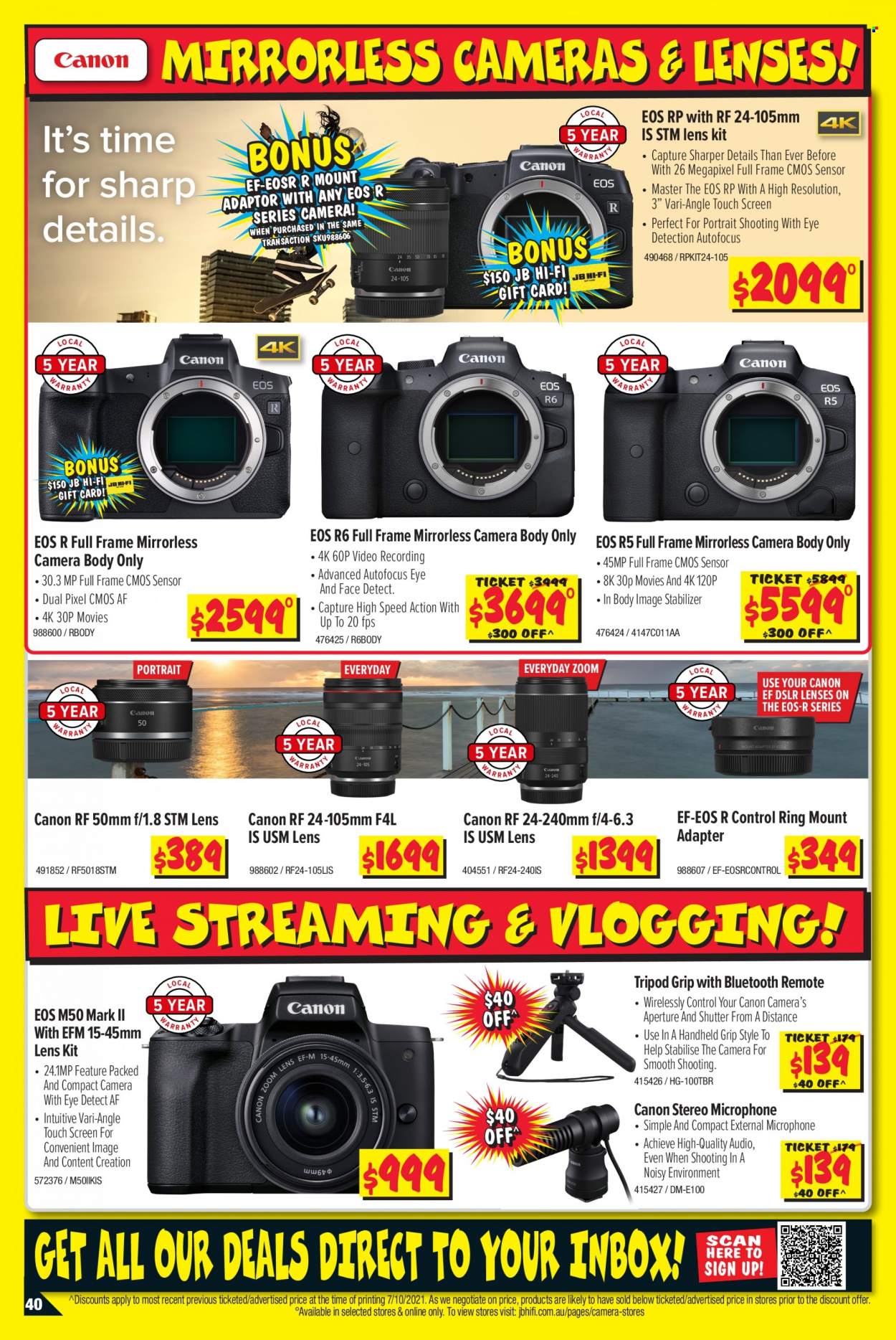 thumbnail - JB Hi-Fi Catalogue - 21 Oct 2021 - 3 Nov 2021 - Sales products - Canon, lens, lenses, mirrorless camera, camera, tripod, Sharp, hi-fi, microphone, adapter. Page 40.