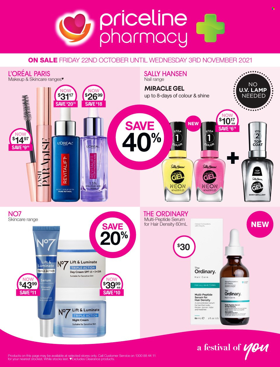 thumbnail - Priceline Pharmacy Catalogue - 22 Oct 2021 - 3 Nov 2021 - Sales products - day cream, L’Oréal, serum, night cream, The Ordinary, Sally Hansen, top coat, makeup. Page 1.
