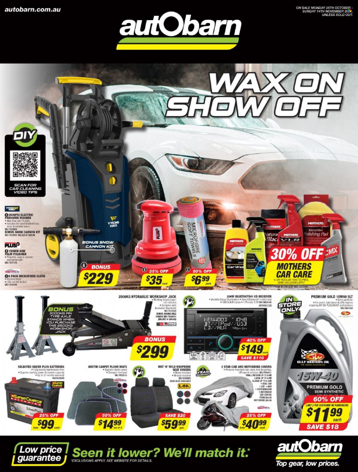 thumbnail - Autobarn Catalogue - 25 Oct 2021 - 14 Nov 2021 - Sales products - carpet, car seat cover, car floor mats, battery, Kenwood, Gulf Western Oil. Page 1.