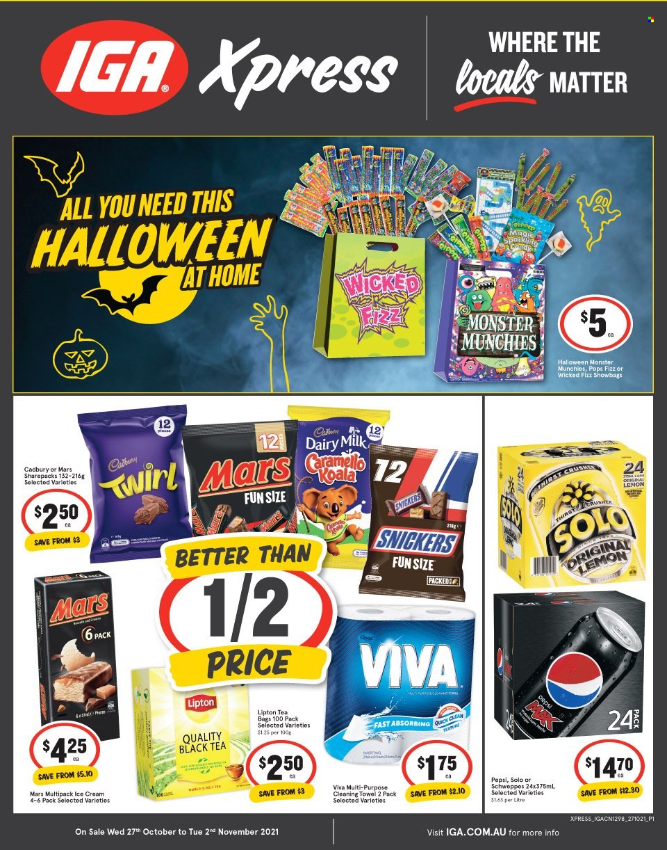 thumbnail - IGA Xpress Catalogue - 27 Oct 2021 - 2 Nov 2021 - Sales products - ice cream, Snickers, Mars, Cadbury, Dairy Milk, Schweppes, Pepsi, Monster, Lipton, tea bags, towel, Halloween. Page 1.