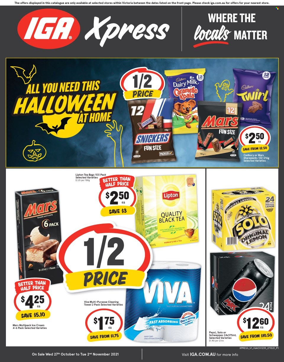 thumbnail - IGA Xpress Catalogue - 27 Oct 2021 - 2 Nov 2021 - Sales products - Snickers, Mars, Cadbury, Dairy Milk, Victoria Sponge, Schweppes, Pepsi, Lipton, tea bags, towel, Halloween. Page 1.