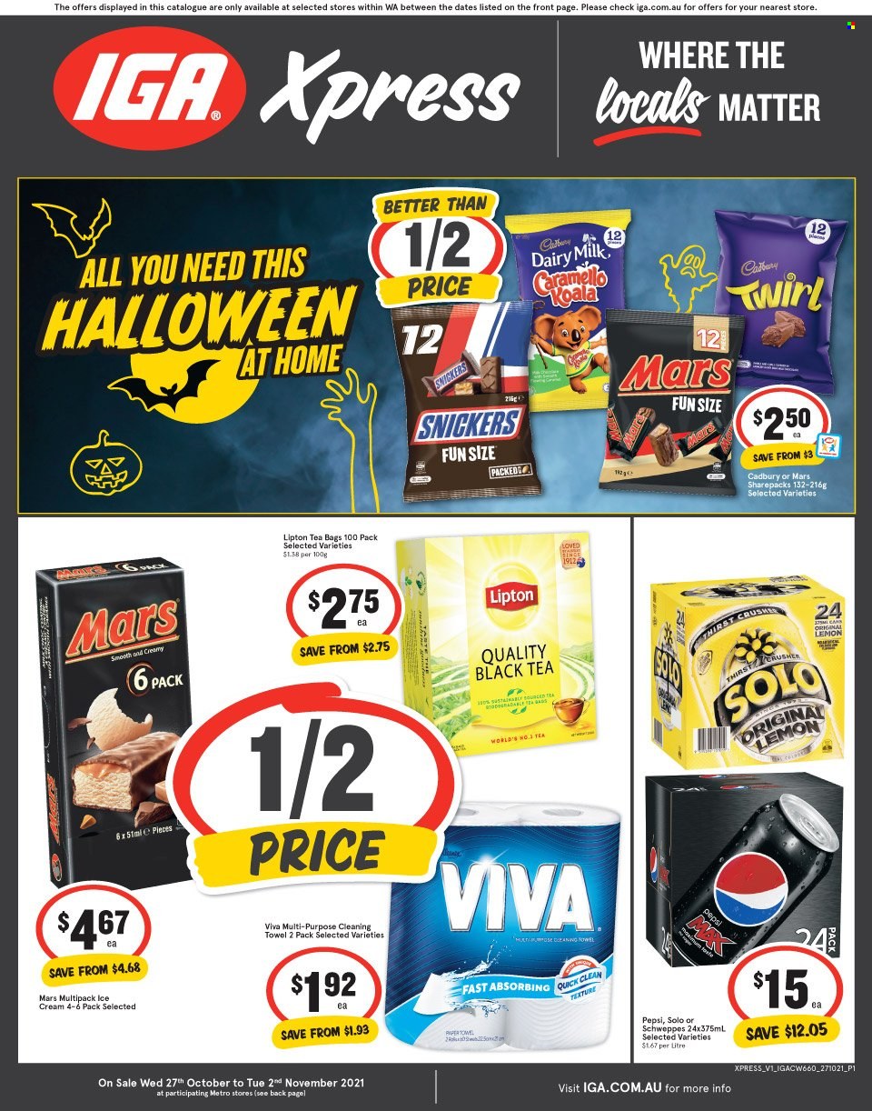 thumbnail - IGA Xpress Catalogue - 27 Oct 2021 - 2 Nov 2021 - Sales products - Snickers, Mars, Cadbury, Dairy Milk, Schweppes, Pepsi, Lipton, tea bags, towel, Halloween. Page 1.