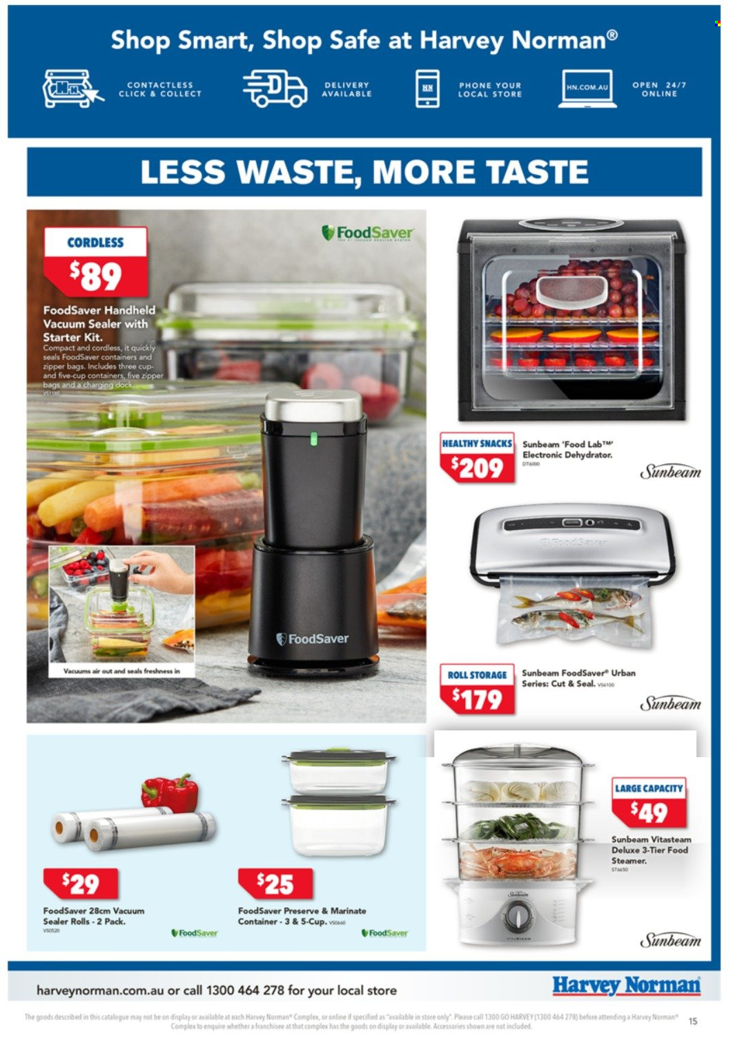 thumbnail - Harvey Norman Catalogue - 25 Oct 2021 - 7 Nov 2021 - Sales products - container, vacuum sealer, cup, Sunbeam, phone, handheld vacuum cleaner, dehydrator, food steamer. Page 15.