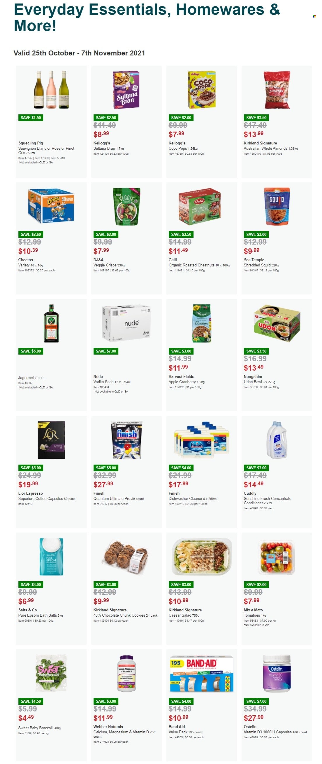 thumbnail - Costco Catalogue - Sales products - Apple, cookies, chocolate, Kellogg's, Cheetos, coco pops, almonds, chestnuts, switch, soda, coffee, coffee capsules, L'Or, white wine, wine, Pinot Grigio, Sauvignon Blanc, rosé wine, vodka, Jägermeister, cleaner, dishwashing liquid, dishwasher cleaner, conditioner, bowl, calcium, magnesium, vitamin D3, Ostelin, band-aid. Page 3.