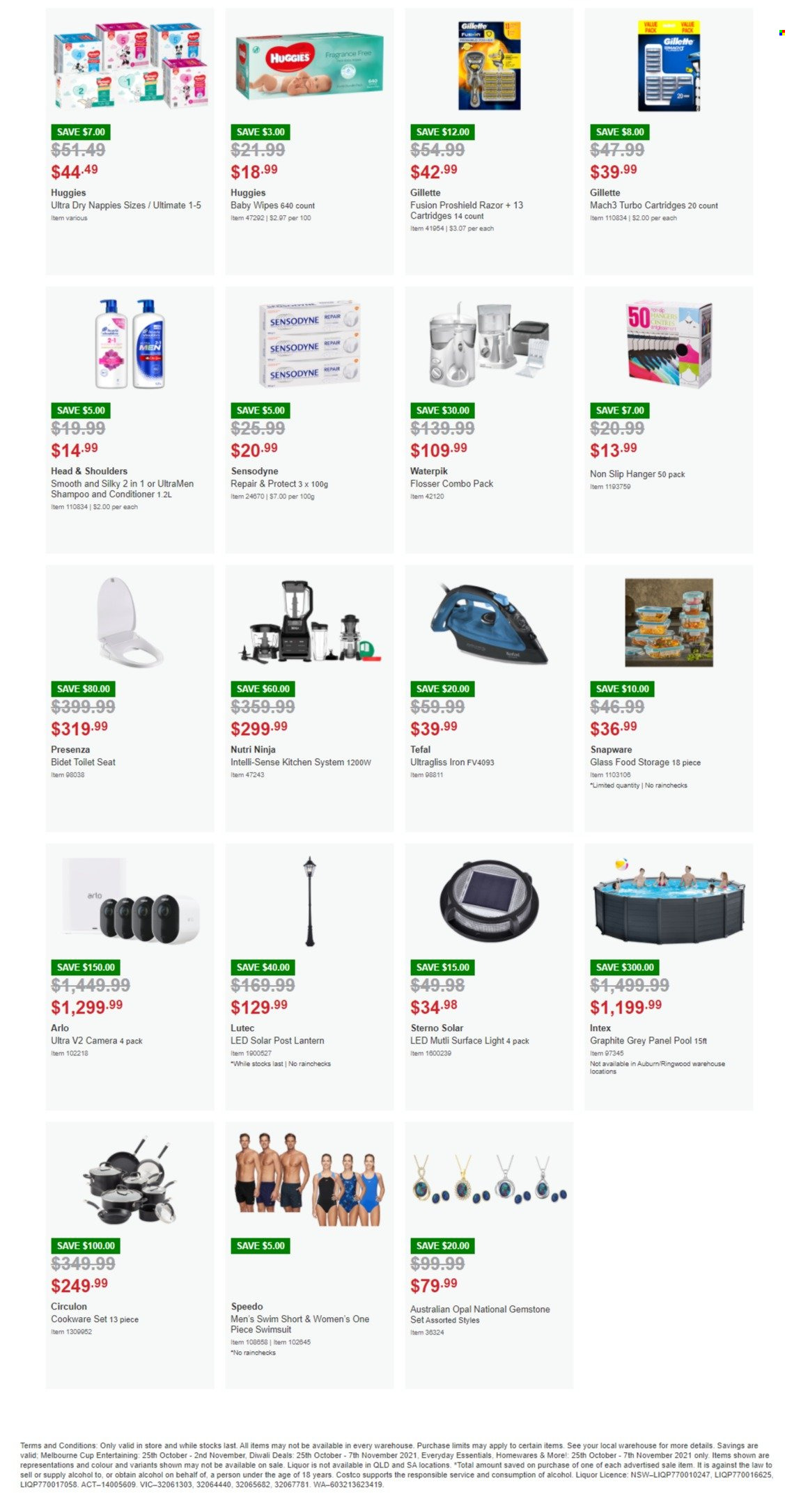 thumbnail - Costco Catalogue - Sales products - Tefal, liquor, wipes, Huggies, baby wipes, nappies, shampoo, Sensodyne, conditioner, Head & Shoulders, Gillette, razor, hanger, cookware set, cup, camera, iron, swimming suit, Speedo, Intex, toilet seat, lantern. Page 4.