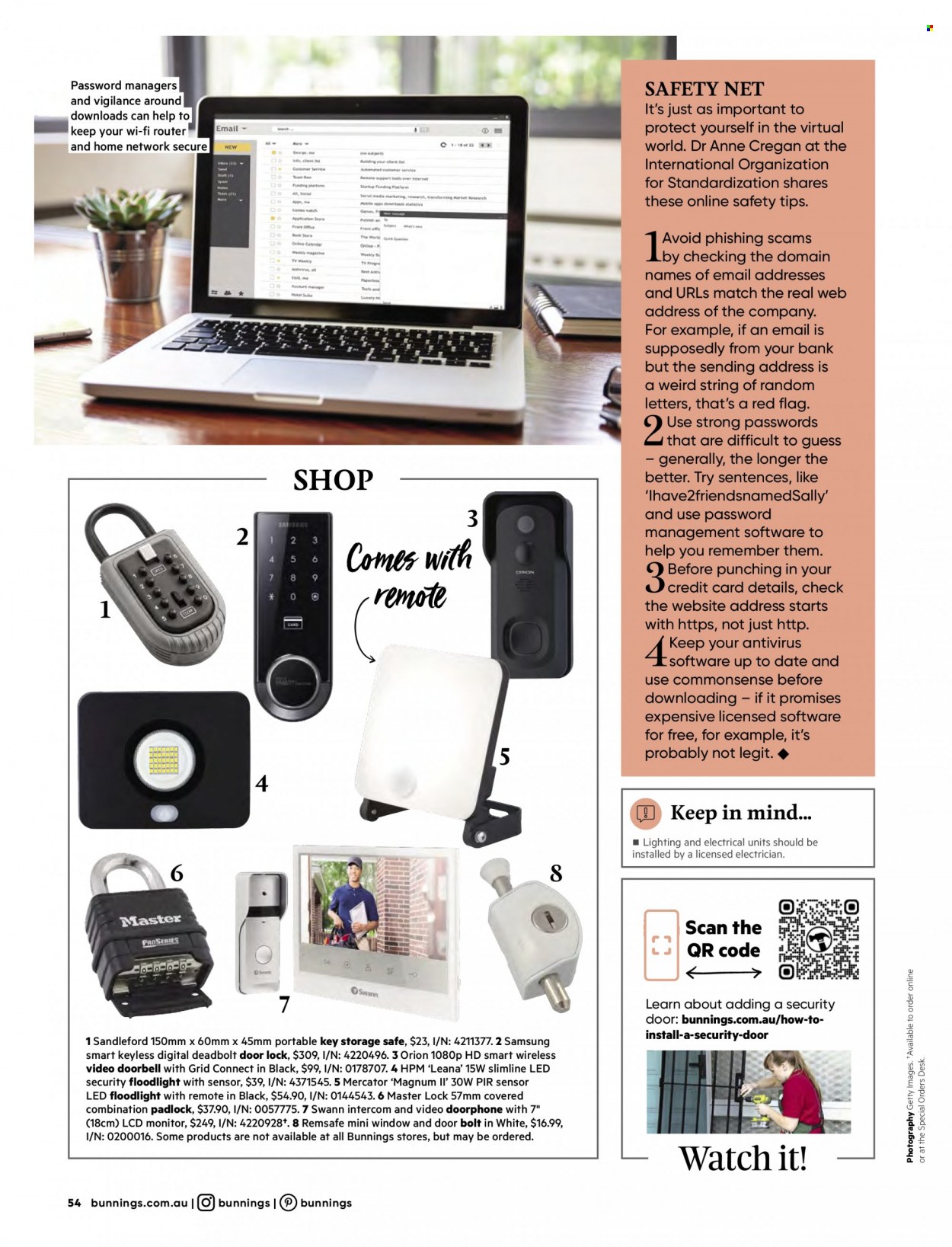 thumbnail - Bunnings Warehouse Catalogue - Sales products - anti-virus, padlock, Samsung, Guess, router, monitor, floodlight. Page 54.