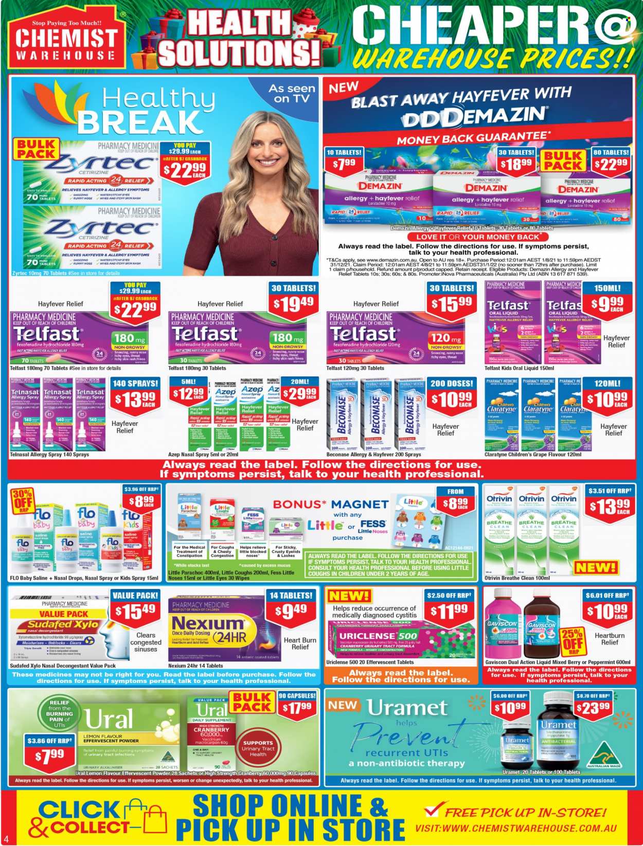 thumbnail - Chemist Warehouse Catalogue - 28 Oct 2021 - 10 Nov 2021 - Sales products - wipes, magnesium, Sudafed, Zyrtec, Nexium, Gaviscon, Claratyne, nasal spray, allergy relief, Telfast. Page 4.