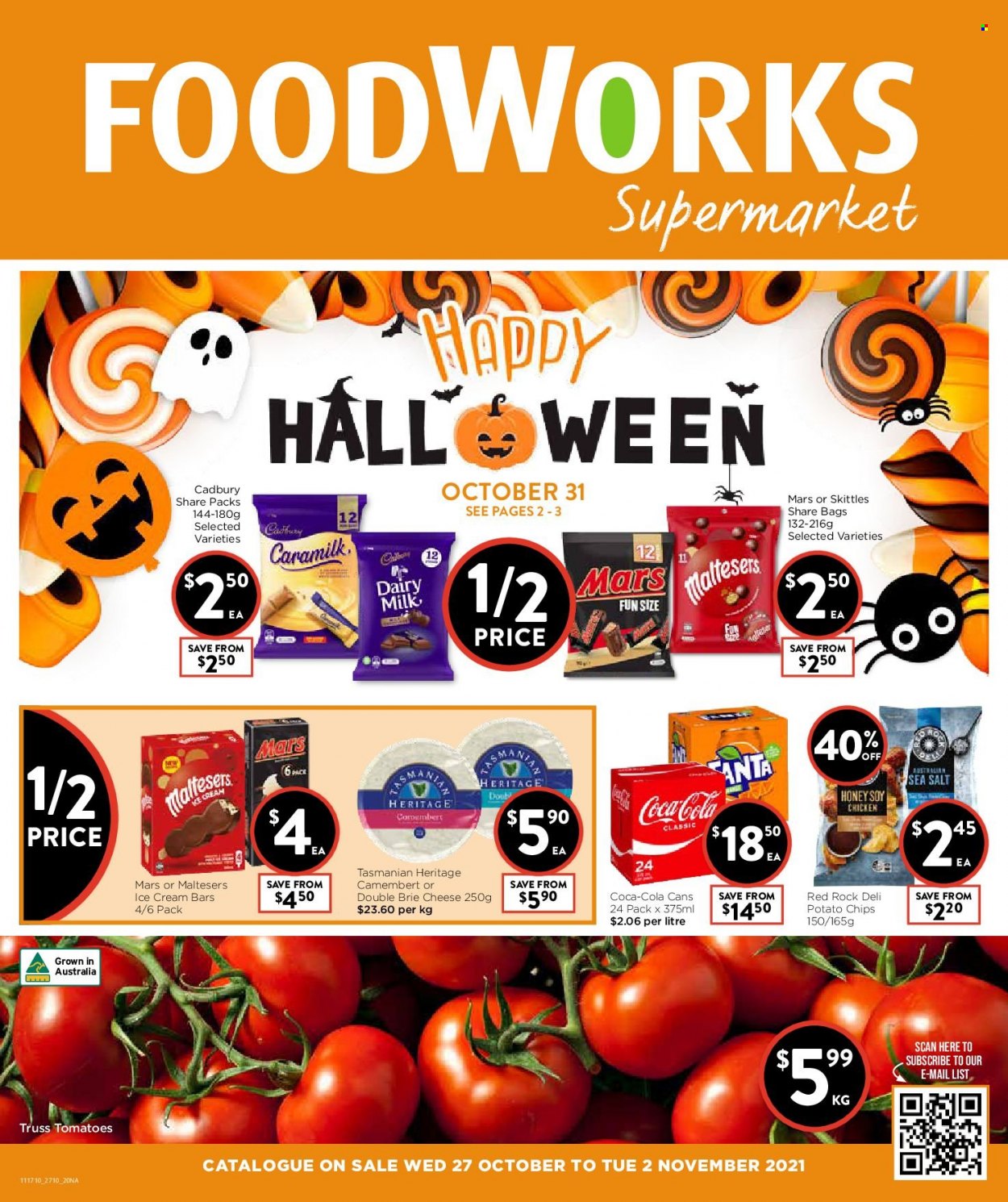 thumbnail - Foodworks Catalogue - 27 Oct 2021 - 2 Nov 2021 - Sales products - tomatoes, camembert, cheese, brie, Tasmanian Heritage, ice cream, ice cream bars, Mars, Maltesers, Cadbury, Dairy Milk, Skittles, potato chips, chips, honey, Coca-Cola. Page 1.