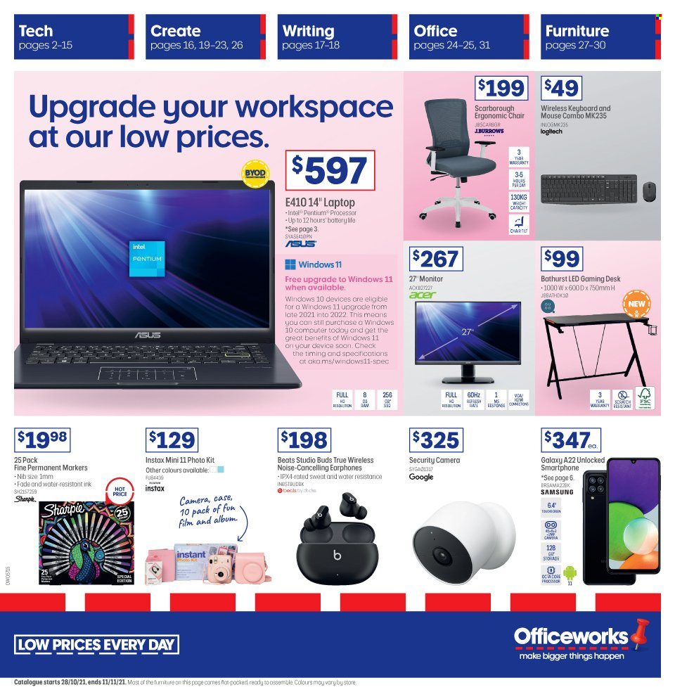 thumbnail - Officeworks Catalogue - 28 Oct 2021 - 11 Nov 2021 - Sales products - Intel, Acer, Asus, Sharpie, keyboard, security camera, Samsung, smartphone, laptop, computer, mouse, monitor, camera, Beats, chair. Page 1.