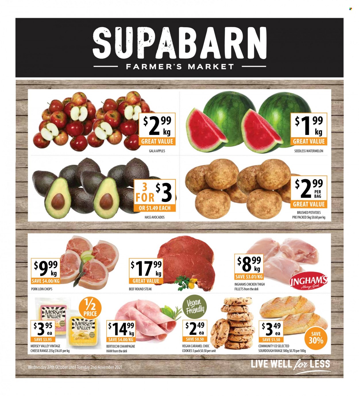 thumbnail - Supabarn Catalogue - 27 Oct 2021 - 2 Nov 2021 - Sales products - potatoes, avocado, Gala, watermelon, apples, bacon, ham, cheese, Mersey Valley, cookies, caramel, champagne, beef meat, steak, round steak, pork chops, pork loin, pork meat. Page 1.