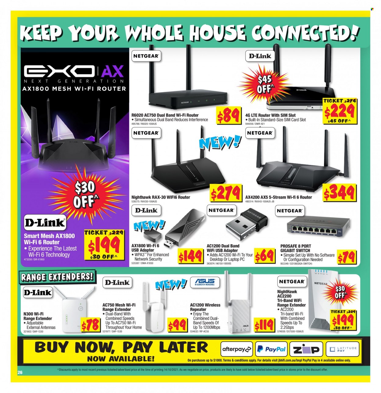 thumbnail - JB Hi-Fi Catalogue - 28 Oct 2021 - 10 Nov 2021 - Sales products - range extender, router, adapter, switch. Page 26.