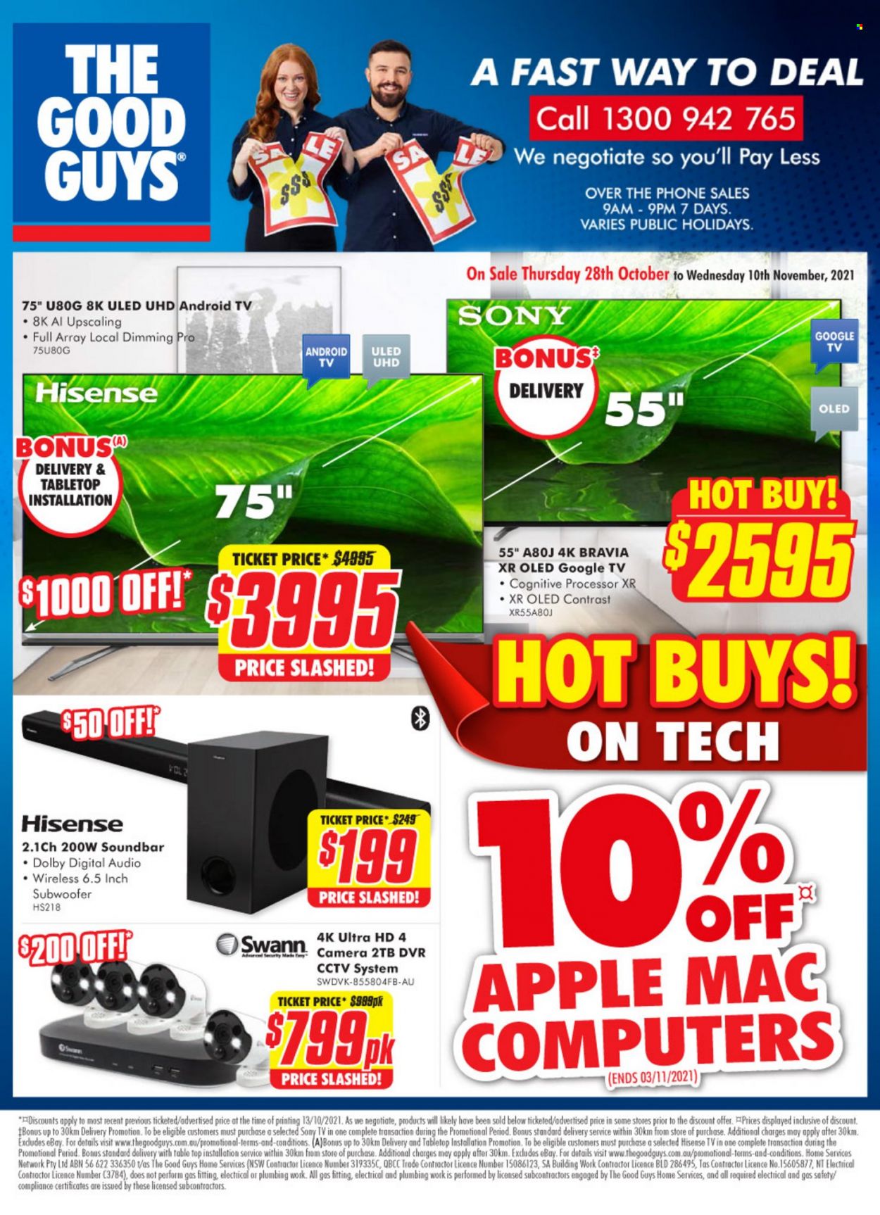 thumbnail - The Good Guys Catalogue - 28 Oct 2021 - 10 Nov 2021 - Sales products - Sony, Apple, camera, Android TV, UHD TV, ultra hd, Hisense, TV, subwoofer, sound bar. Page 1.
