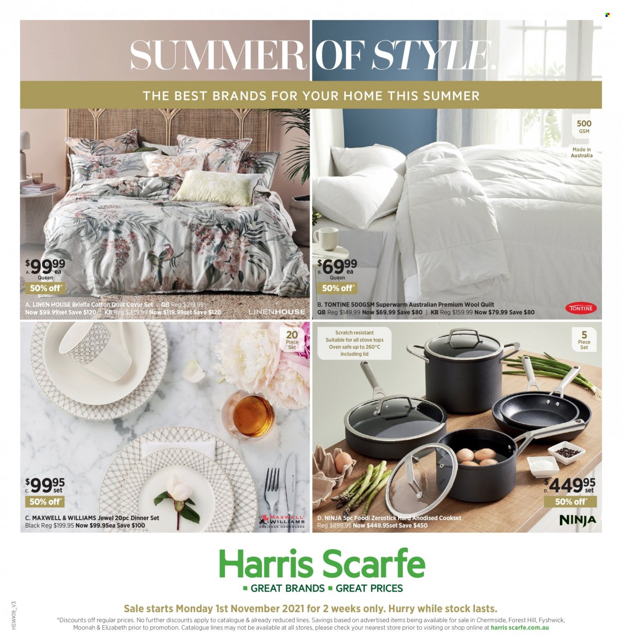 thumbnail - Harris Scarfe Catalogue - Sales products - dinnerware set, lid, linens, quilt, wool quilt, cotton quilt, quilt cover set, oven, stove, tops. Page 1.