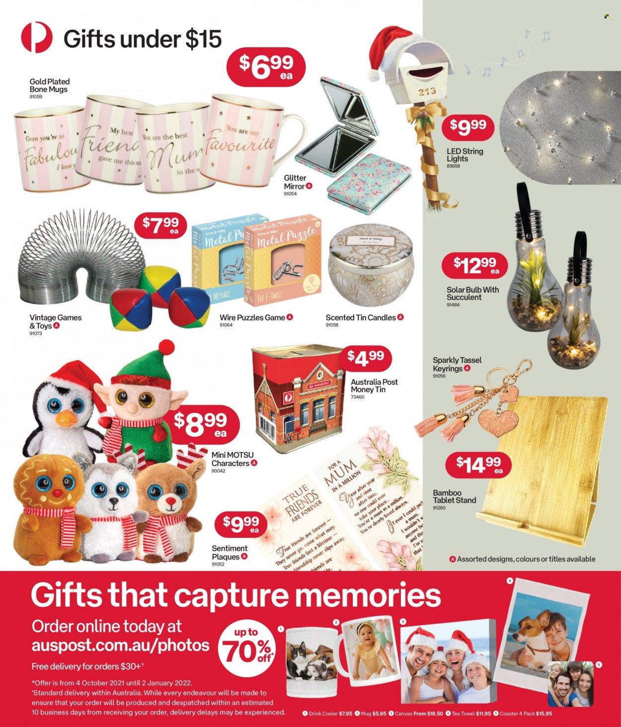 thumbnail - Australia Post Catalogue - 1 Nov 2021 - 28 Nov 2021 - Sales products - tablet, mug, glitter, canvas, candle, bulb, tea towels, tablet stand, toys, puzzle, string lights. Page 2.