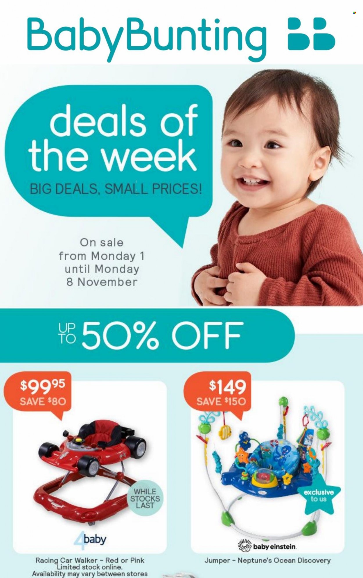 thumbnail - Baby Bunting Catalogue - 1 Nov 2021 - 8 Nov 2021 - Sales products - sweater, Baby Einstein. Page 1.