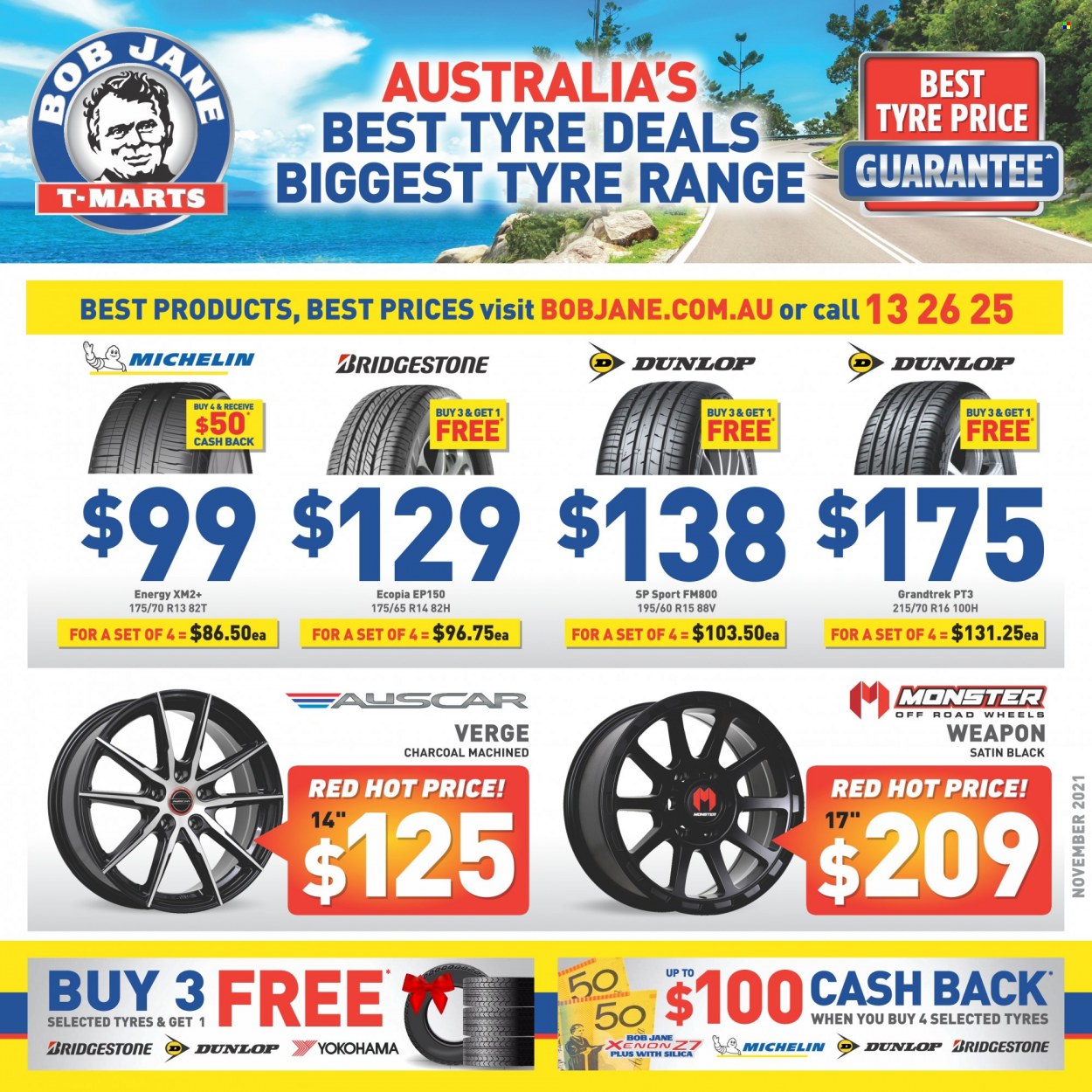 thumbnail - Bob Jane Catalogue - 1 Nov 2021 - 30 Nov 2021 - Sales products - Bridgestone, Dunlop, Michelin, tires. Page 1.