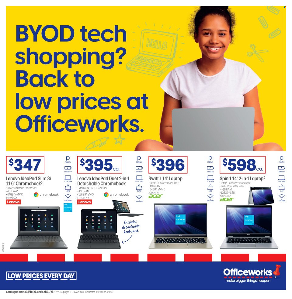 thumbnail - Officeworks Catalogue - 14 Oct 2021 - 21 Nov 2021 - Sales products - Intel, Acer, Lenovo, keyboard, laptop, chromebook. Page 1.