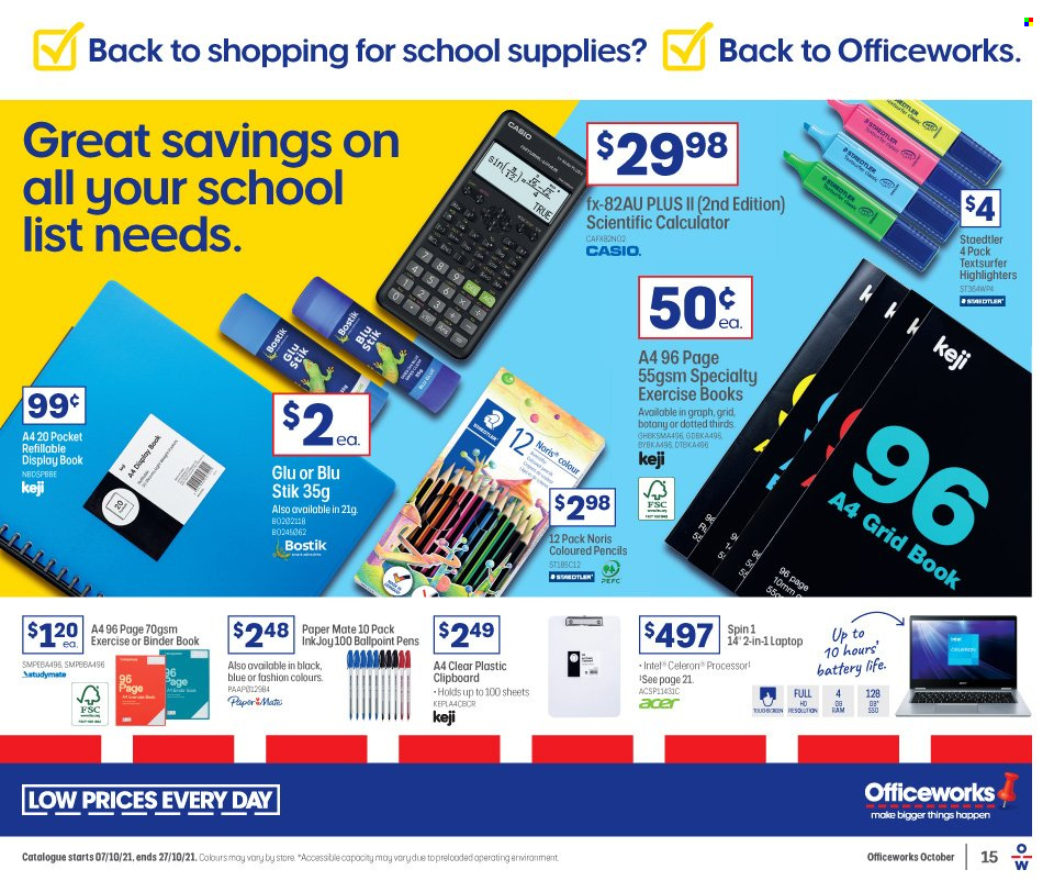 thumbnail - Officeworks Catalogue - 7 Oct 2021 - 24 Dec 2021 - Sales products - Intel, Acer, paper, exercise book, calculator, pencil, clipboard, Paper Mate, book, Casio, laptop. Page 1.