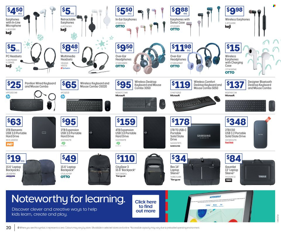 thumbnail - Officeworks Catalogue - 7 Oct 2021 - 24 Dec 2021 - Sales products - Sandisk, keyboard, Samsung, laptop, hard disk, WD, mouse, portable hard drive, microphone, headphones. Page 6.