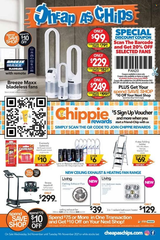 thumbnail - Cheap as Chips Catalogue - 3 Nov 2021 - 9 Nov 2021 - Sales products - chips, Rexona, battery, Eveready, ladder. Page 1.