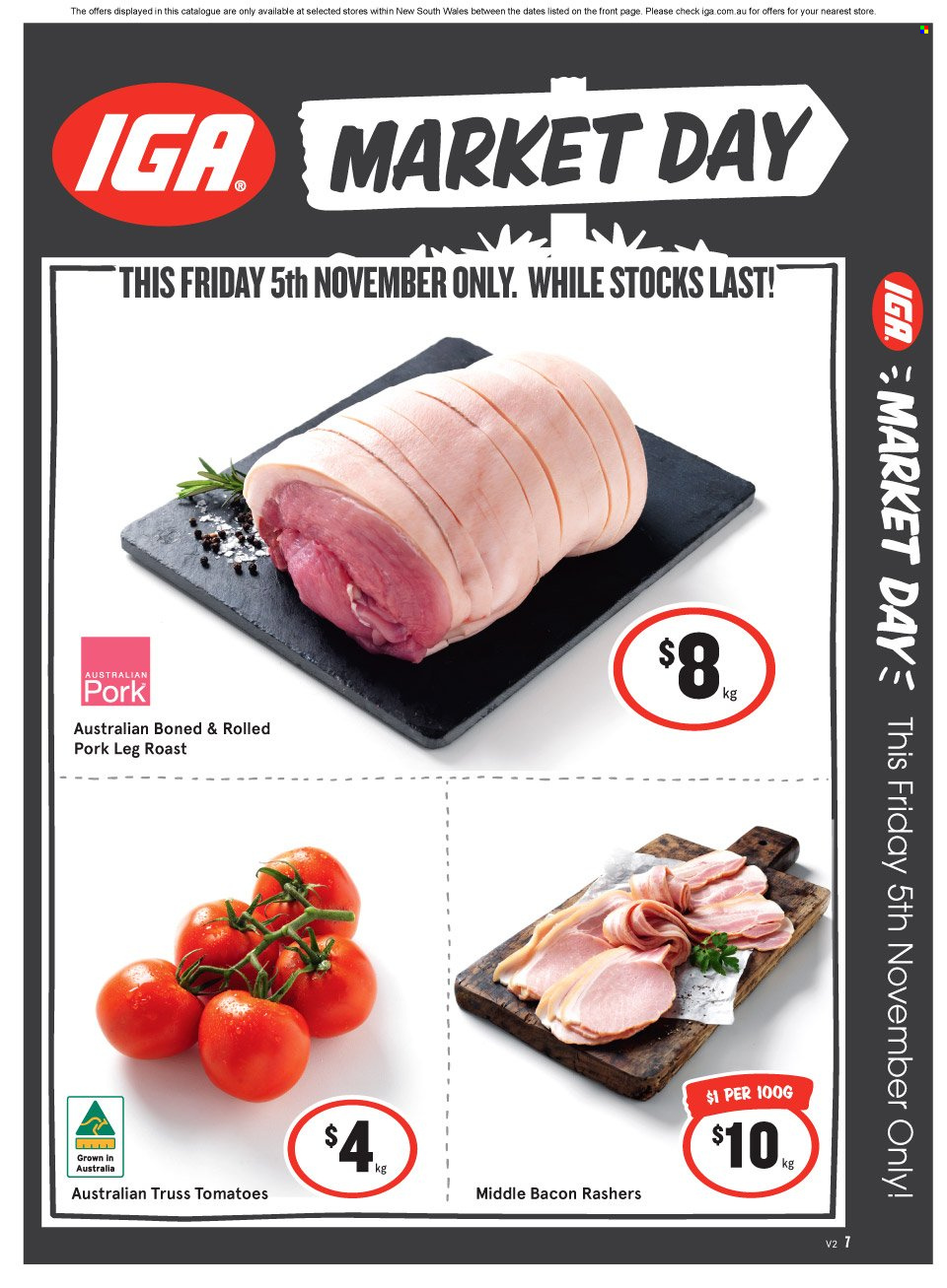thumbnail - IGA Catalogue - 5 Nov 2021 - 5 Nov 2021 - Sales products - tomatoes, bacon, pork meat, pork leg. Page 1.