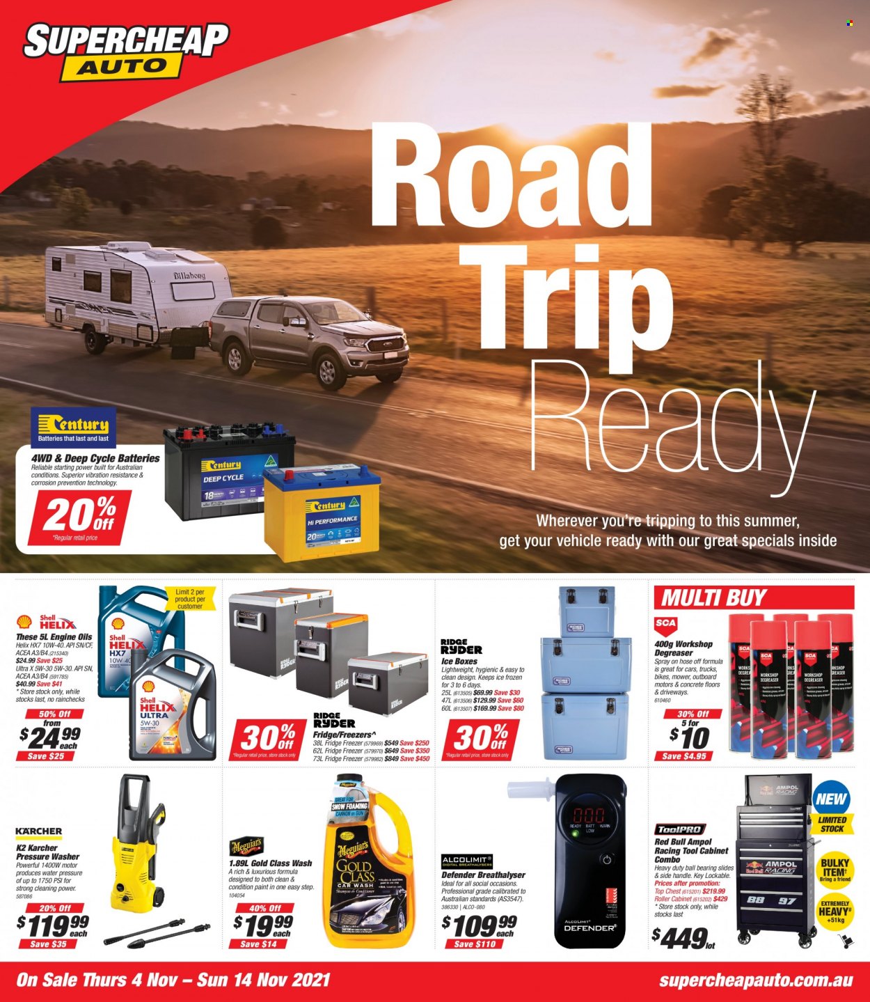 thumbnail - Supercheap Auto Catalogue - 4 Nov 2021 - 14 Nov 2021 - Sales products - slides, cabinet, pressure washer, Kärcher, tool cabinets, battery, degreaser. Page 1.