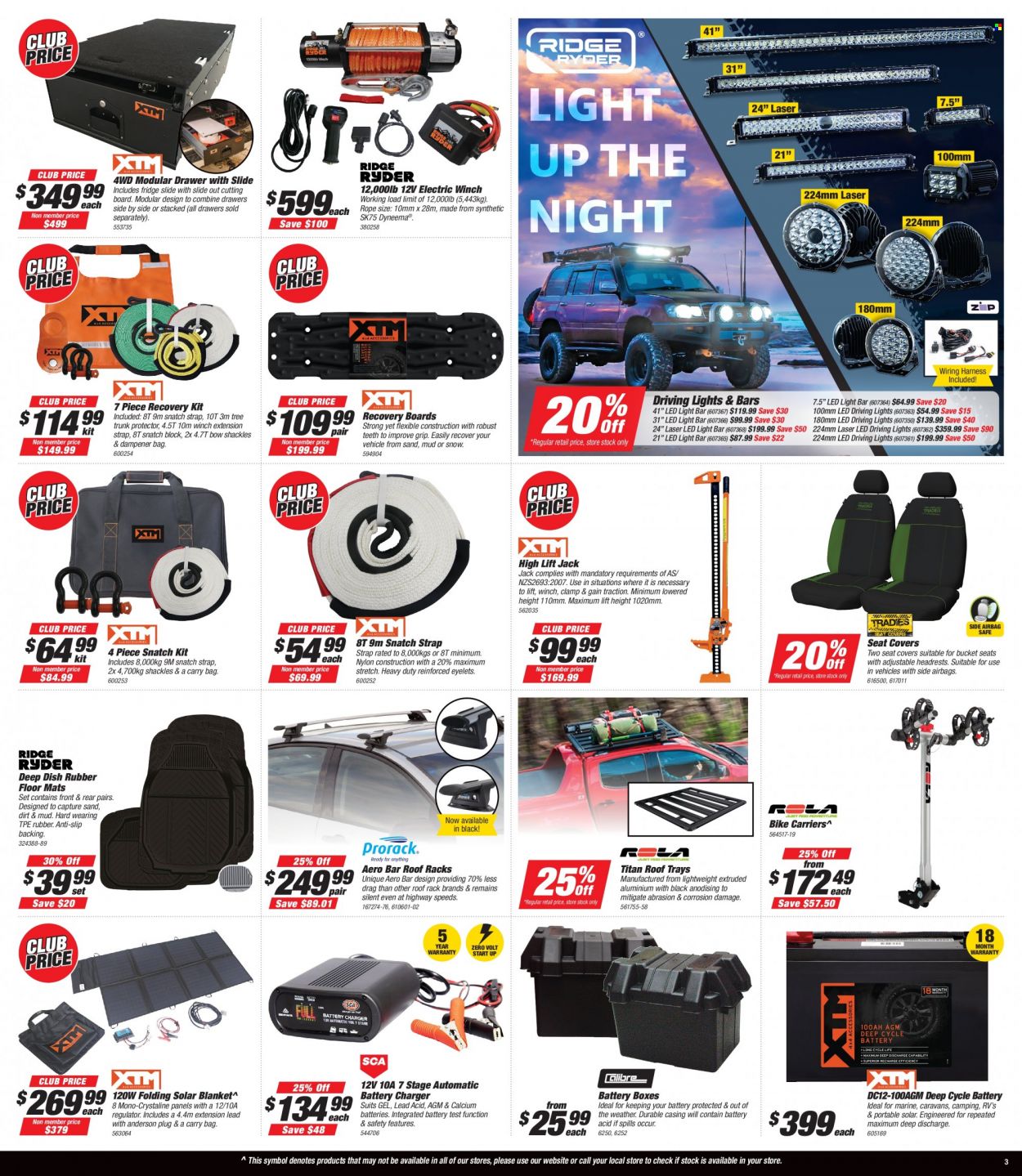 thumbnail - Supercheap Auto Catalogue - 4 Nov 2021 - 14 Nov 2021 - Sales products - Gain, carry bag, solar blanket, blanket, extension lead, strap, car seat cover, car floor mats, high lift jack, recovery boards, roof rack, battery charger, deep cycle battery, driving lights, wiring harness, fridge slide. Page 3.