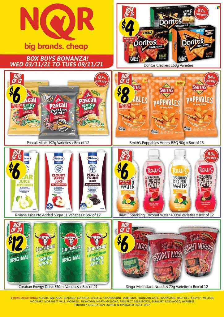 thumbnail - NQR Catalogue - 3 Nov 2021 - 9 Nov 2021 - Sales products - bread, instant noodles, noodles, crackers, Doritos, Smith's, honey, apple juice, juice, energy drink, coconut water. Page 1.