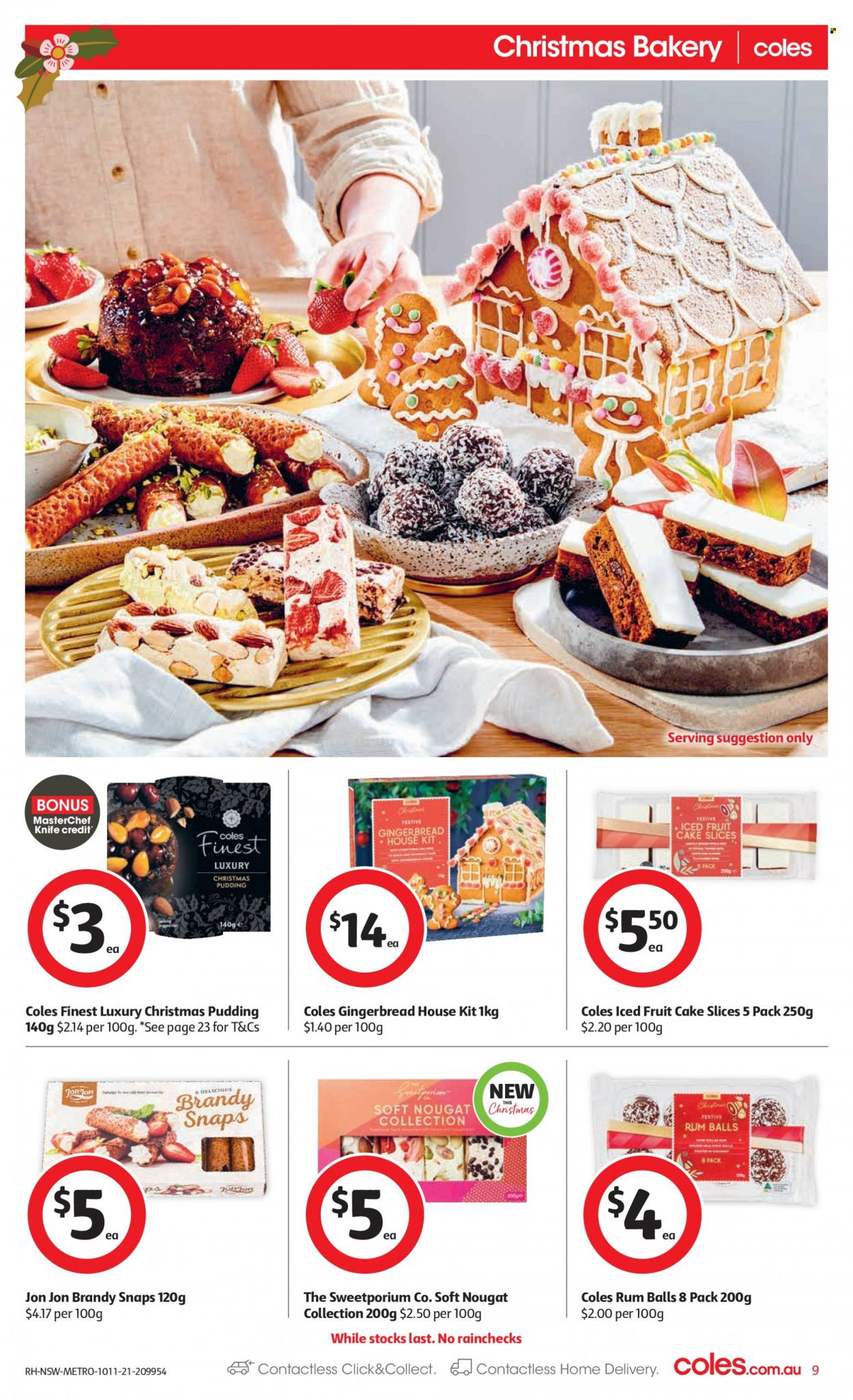 thumbnail - Coles Catalogue - 10 Nov 2021 - 16 Nov 2021 - Sales products - cake, gingerbread, brandy snaps, pudding, nougat, brandy, rum, knife. Page 9.