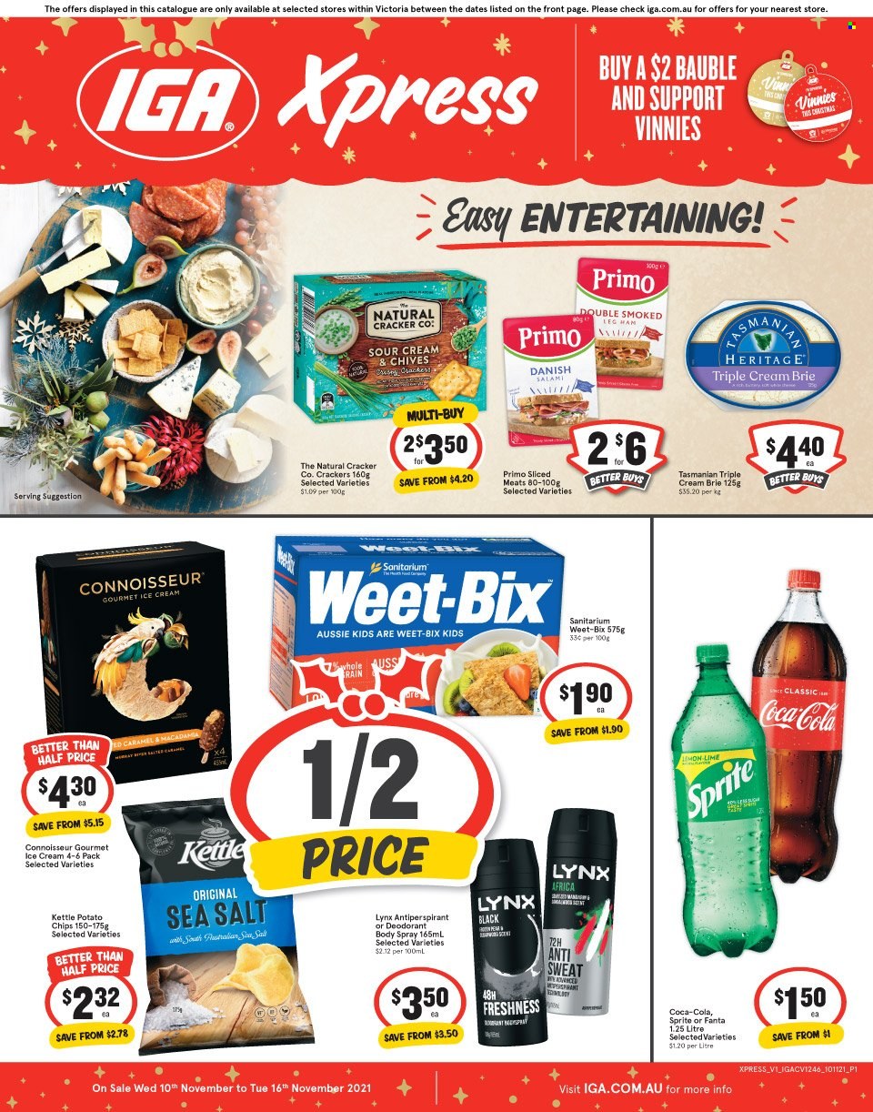 thumbnail - IGA Xpress Catalogue - 10 Nov 2021 - 16 Nov 2021 - Sales products - chives, brie, ice cream, crackers, Victoria Sponge, potato chips, chips, Weet-Bix, caramel, Coca-Cola, Sprite, Fanta, Gain, Aussie, body spray, bauble. Page 1.