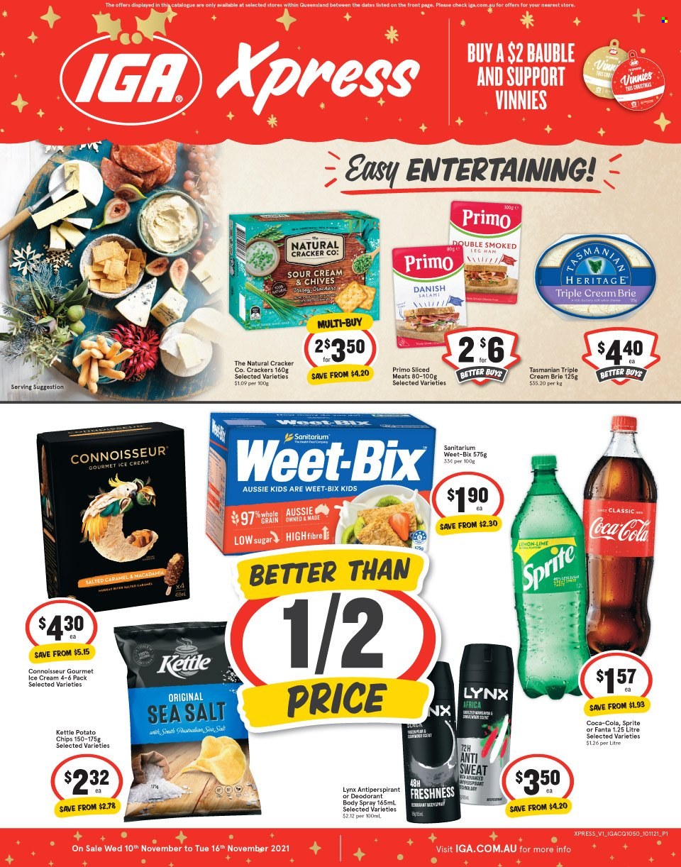 thumbnail - IGA Xpress Catalogue - 10 Nov 2021 - 16 Nov 2021 - Sales products - chives, brie, ice cream, crackers, chips, Weet-Bix, macadamia nuts, Coca-Cola, Sprite, Fanta, Aussie, body spray, anti-perspirant, deodorant, bauble. Page 1.
