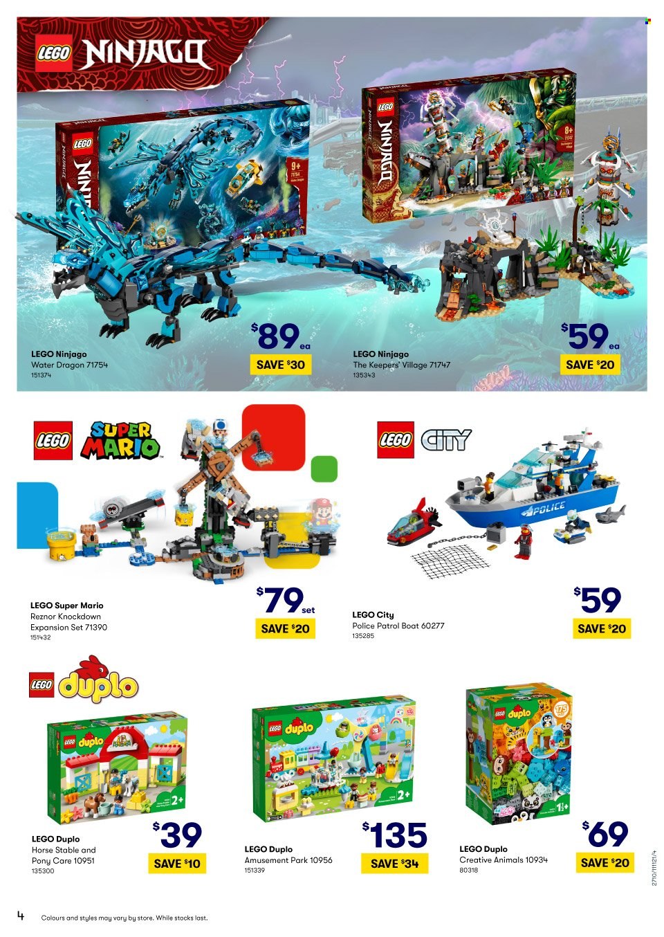 thumbnail - BIG W Catalogue - Sales products - Ninjago, LEGO, LEGO City, LEGO Duplo, LEGO Ninjago, LEGO Super Mario, police patrol boat. Page 4.